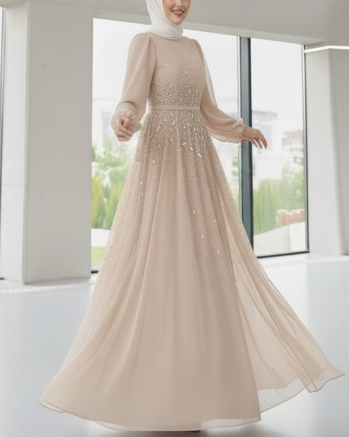 Beaded High Neck Evening Dress with Sheer Sleeves - Beige - Podyumplus - by Peralane - photo 6