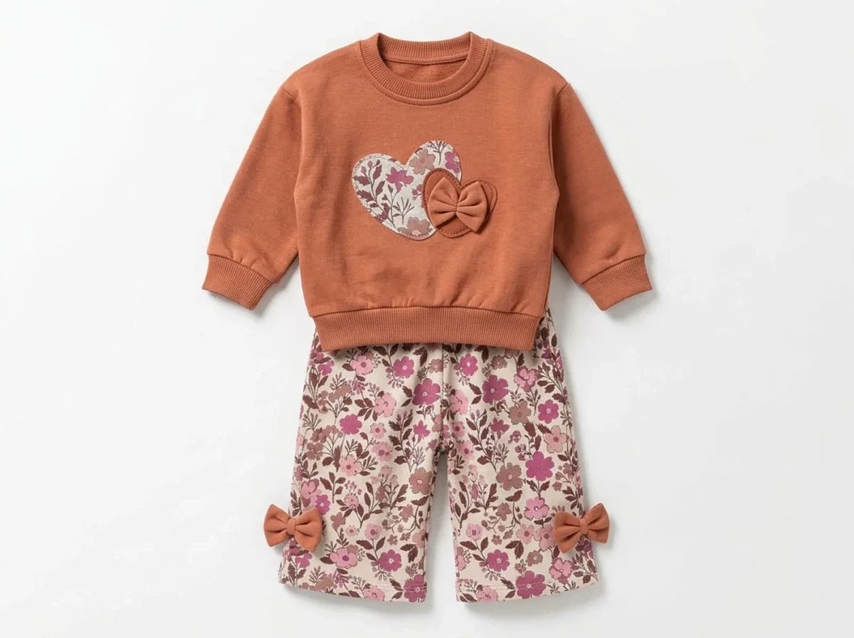 Girl's 2-Piece Sweatshirt and Trousers Set with Floral Print and Heart Applique - Brown - Vovido - by Peralane