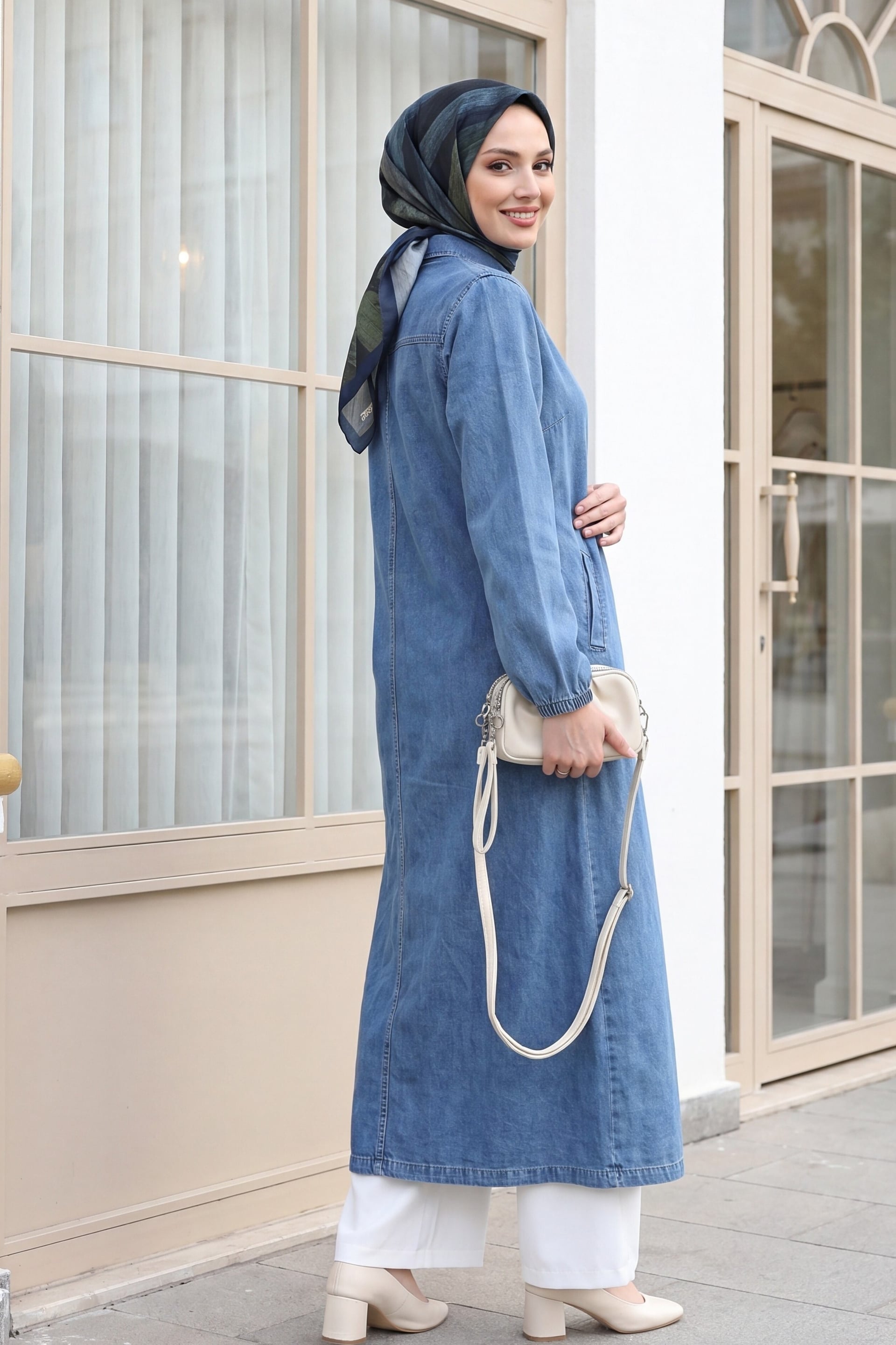 Light Blue Denim Long Jacket with Elastic Cuffs and Full-Button Front - Podyumplus - by Peralane - photo 5