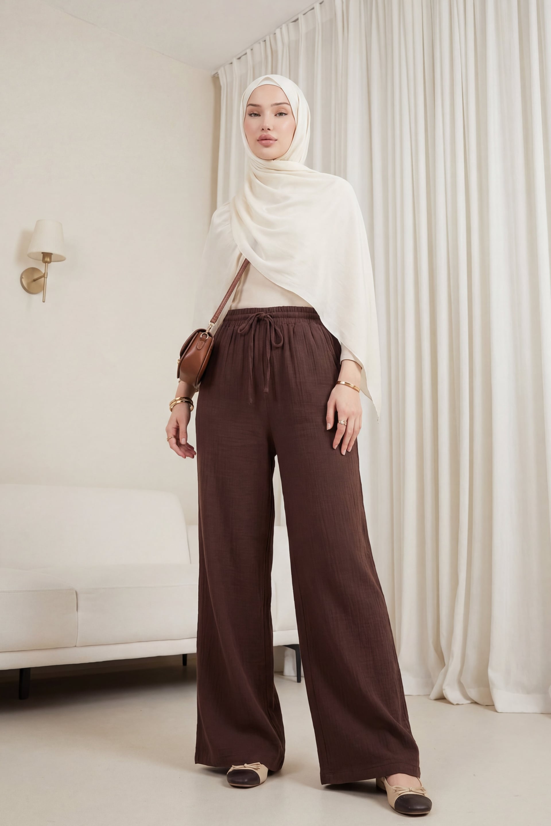 Drawstring Wide Leg Muslin Trousers - Brown - Podyumplus - by Peralane - photo 2