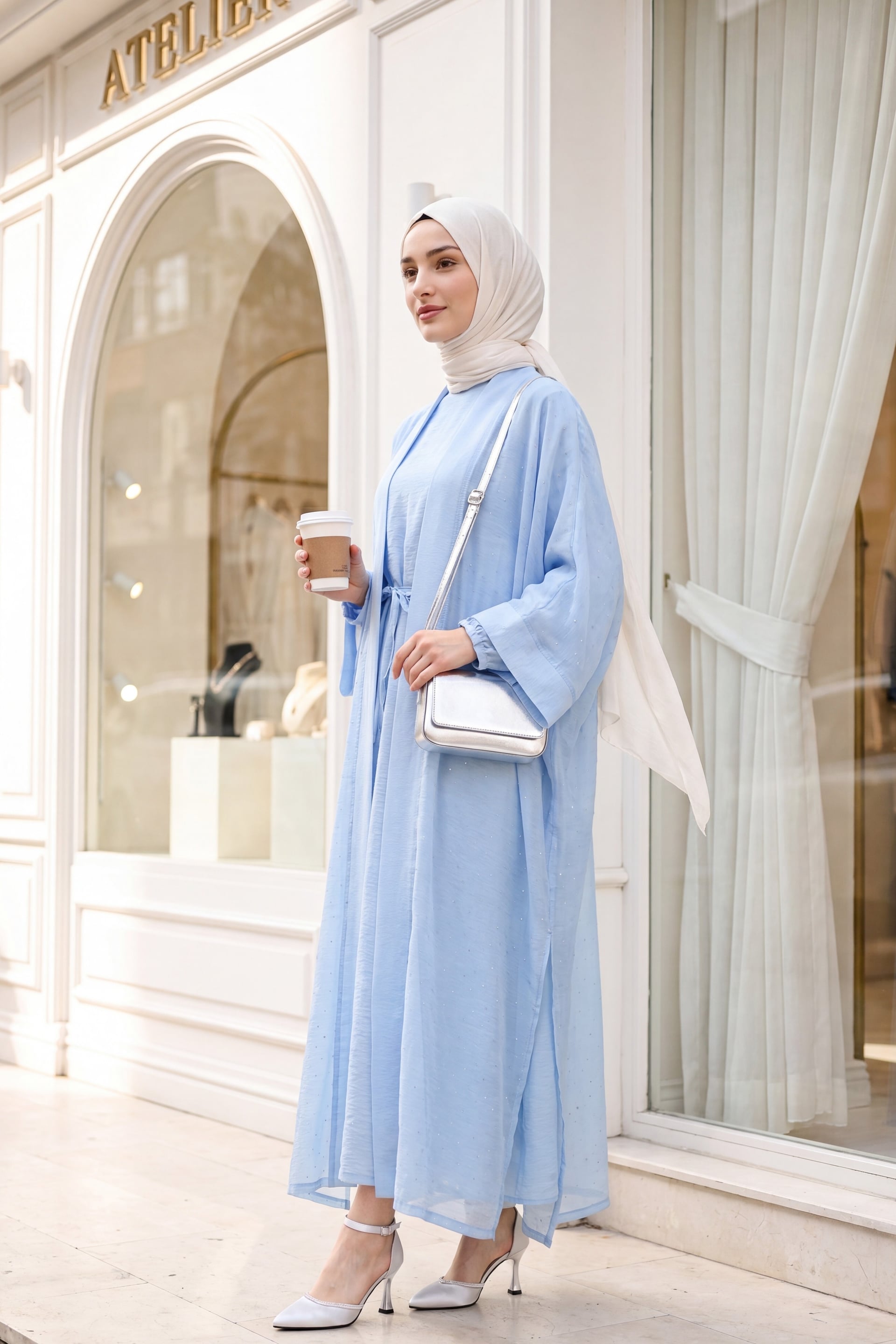 Belted Stone-Detailed Flam Tulle Abaya Set - Baby Blue - Podyumplus - by Peralane - photo 6