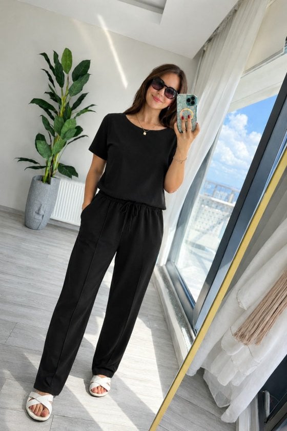 Women's Short-Sleeve Round Neck Viscose Two-Piece Top and Trousers Set - Janes - by Peralane