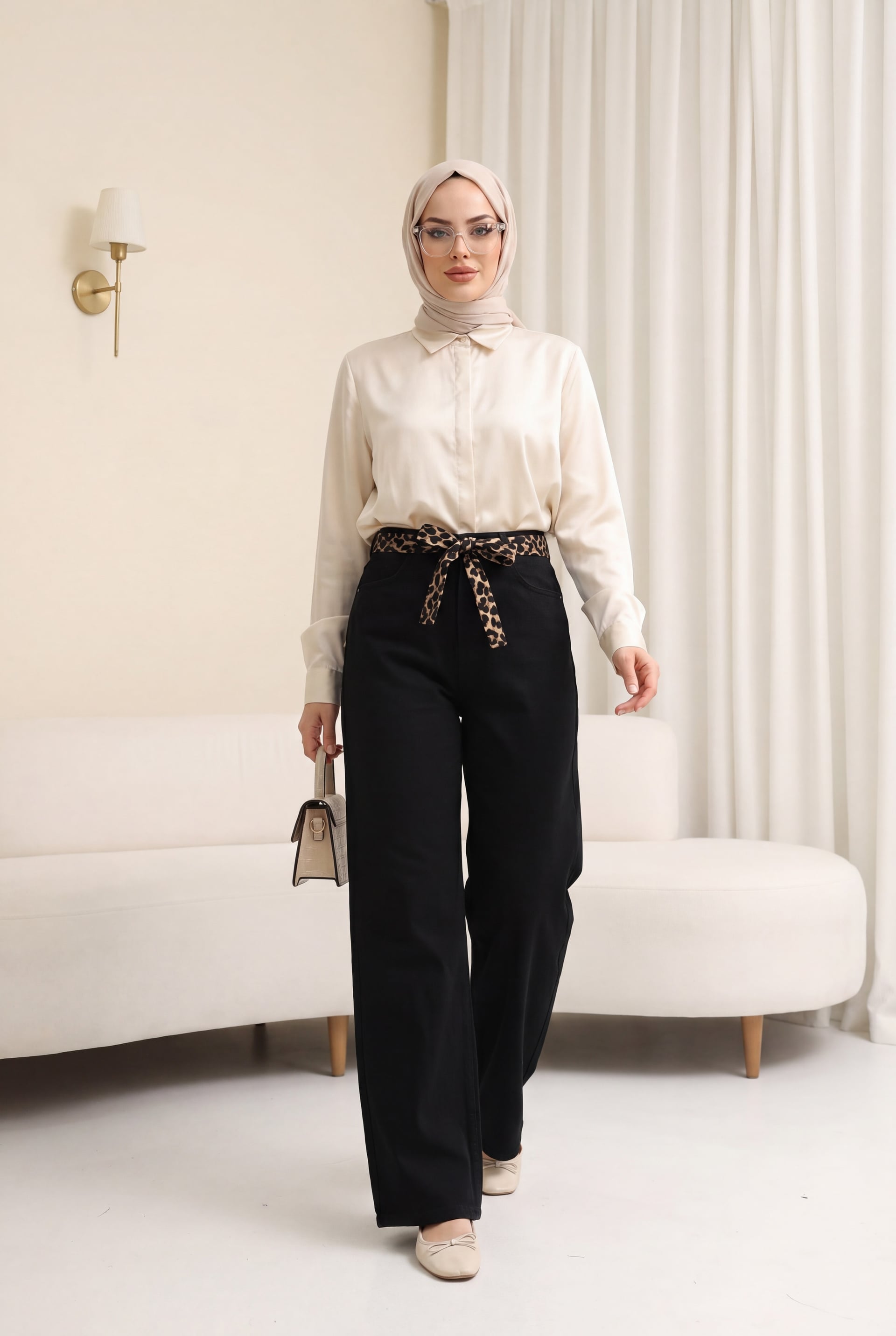 Black Palazzo Denim Trousers with Scarf Print Belt - Podyumplus - by Peralane - photo 2