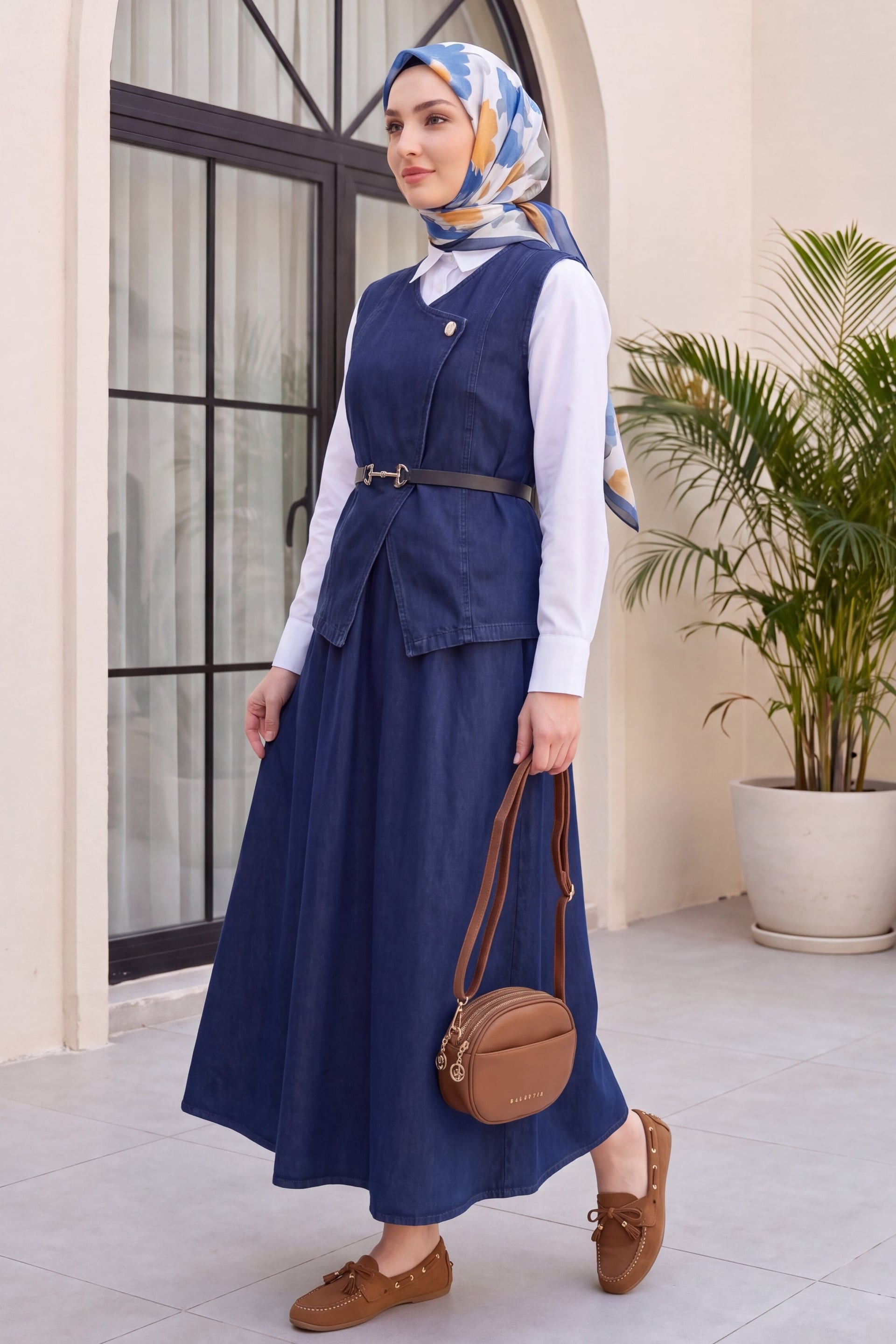 Denim Vest and Belted Skirt Set - Navy - Podyumplus - by Peralane - photo 3