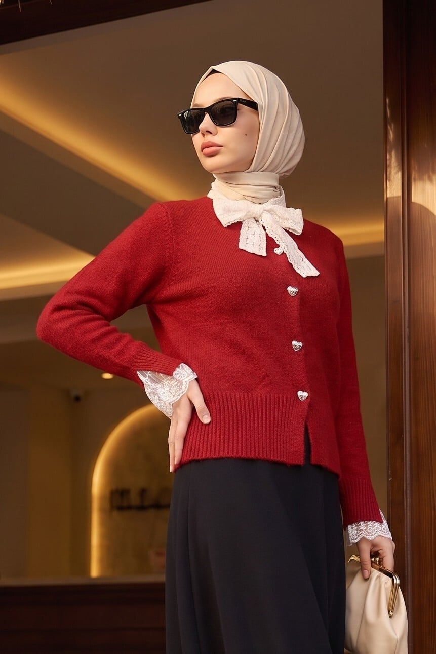 Red Knit Cardigan with Scarf Collar and Lace Details - Podyumplus - by Peralane - photo 6