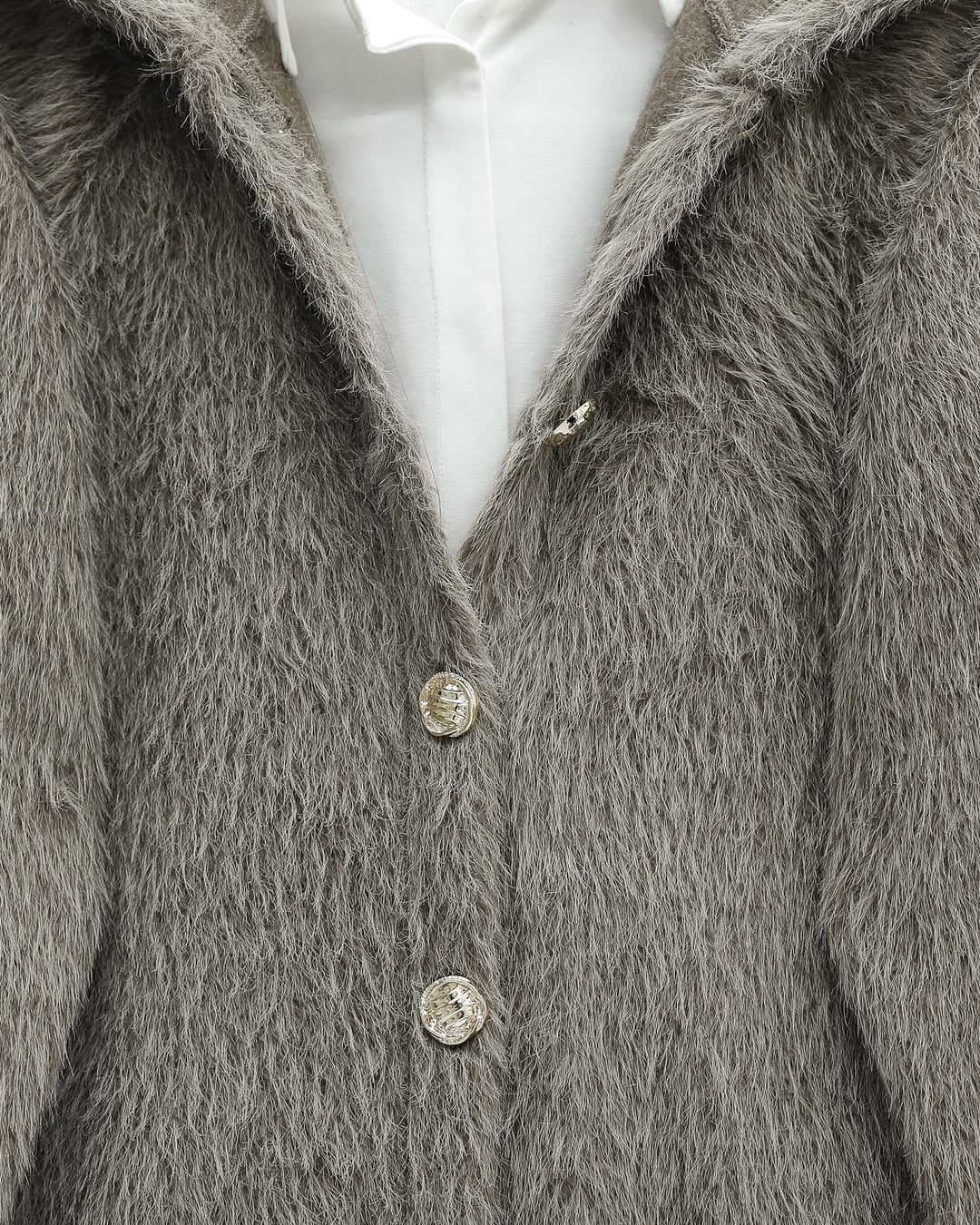 Hooded Button-Front Fuzzy Coat with Pockets - Earth - Podyumplus - by Peralane - photo 2