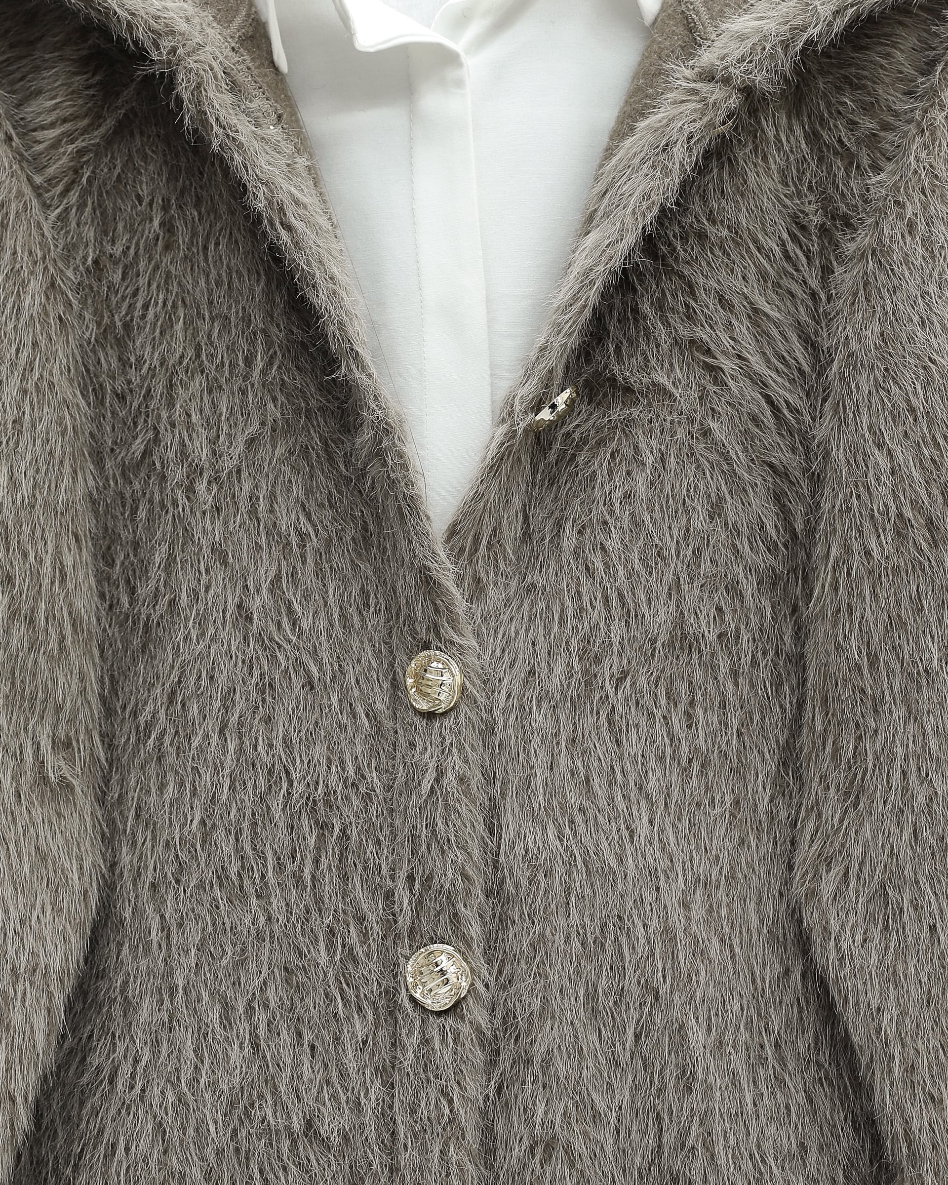 Hooded Button-Front Fuzzy Coat with Pockets - Earth - Podyumplus - by Peralane - photo 2