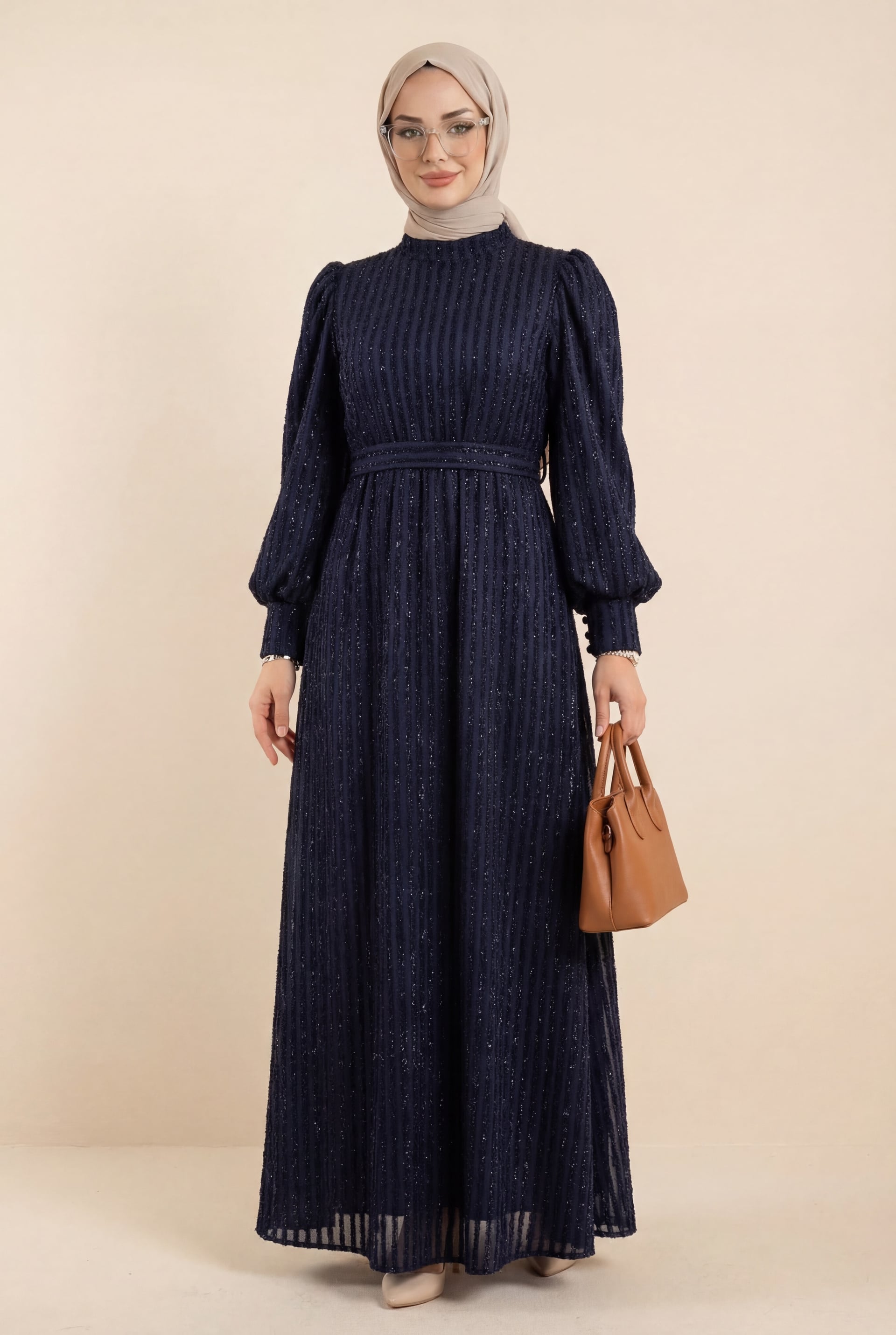 Navy Blue Sequin Striped Long Sleeve Belted Dress for Women - Podyumplus - by Peralane - photo 2