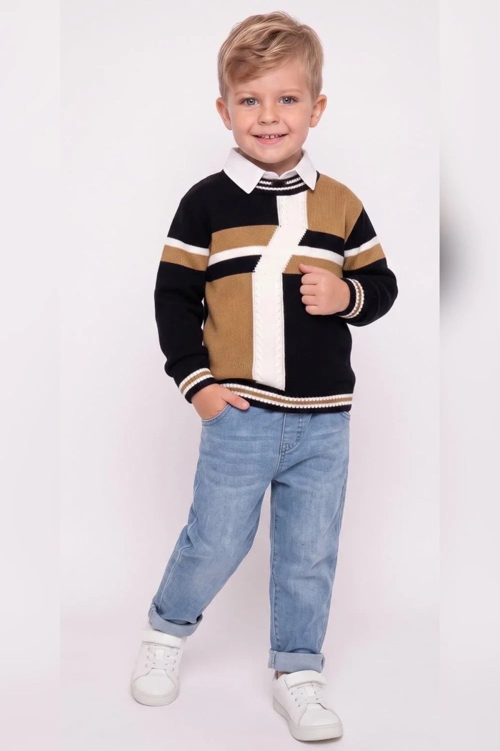 Boys' Knitted Sweater Set with Shirt - Mustard - Has Bereket - by Peralane