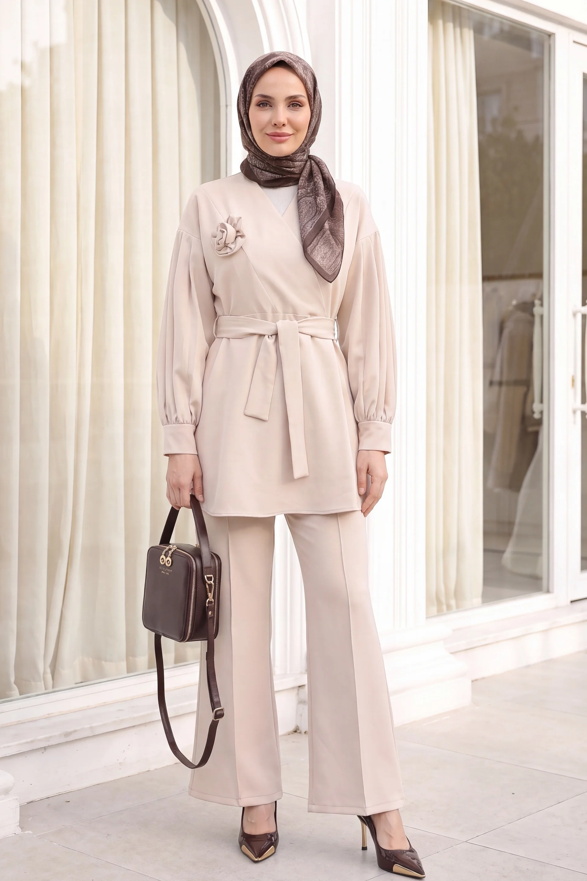 V-Neck Rose Brooch Belted Balloon Sleeve Pleated Waist Elastic Trousers Co-ord Set - Beige - Podyumplus - by Peralane - photo 3
