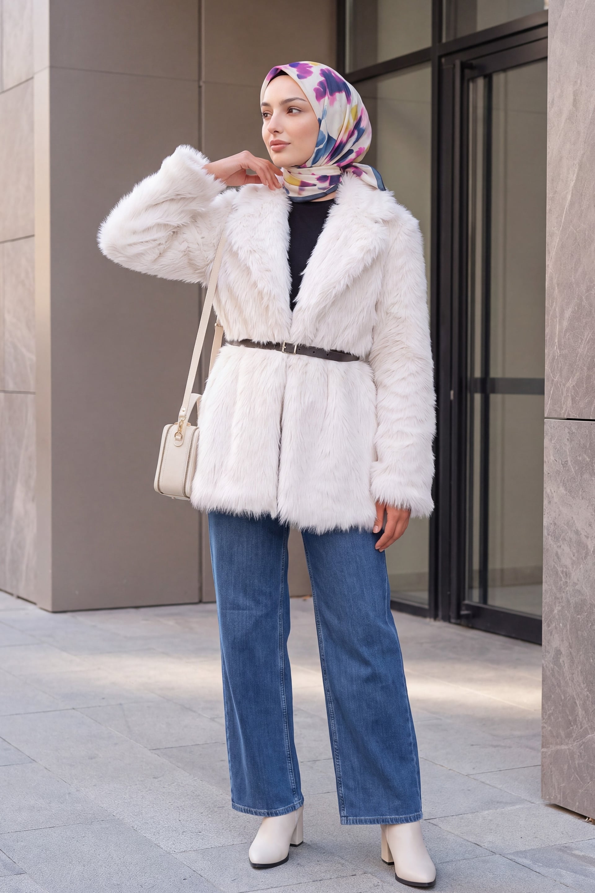 Women's Belted Oversize Faux Fur Coat White - Bigdart - by Peralane - photo 3