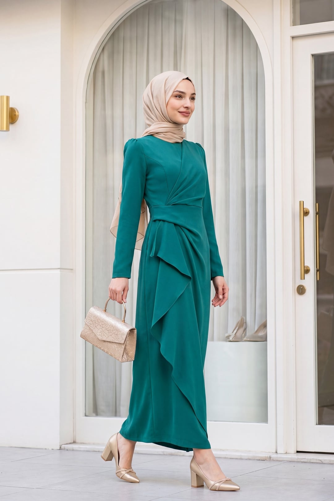 Asymmetric Krep Dress with Draped Front - Emerald - Podyumplus - by Peralane - photo 2