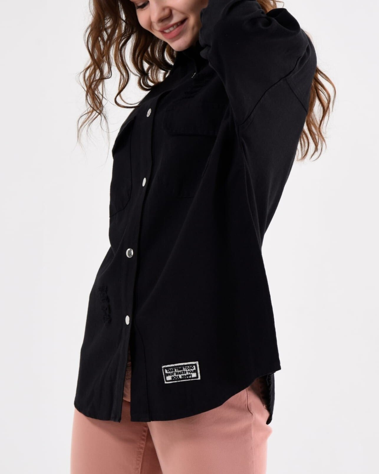Black Distressed Denim Jacket with Button Front and Patch Details - Podyumplus - by Peralane - photo 3