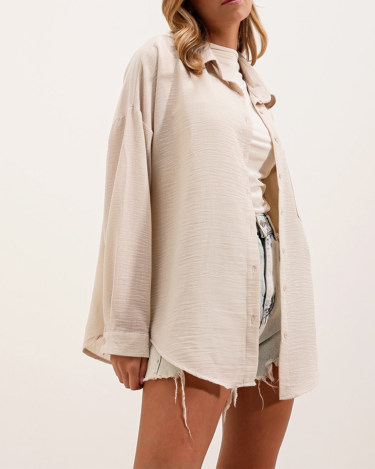 Oversize Single-Pocket Linen-Blend Shirt - Cream - Bigdart - by Peralane - photo 2