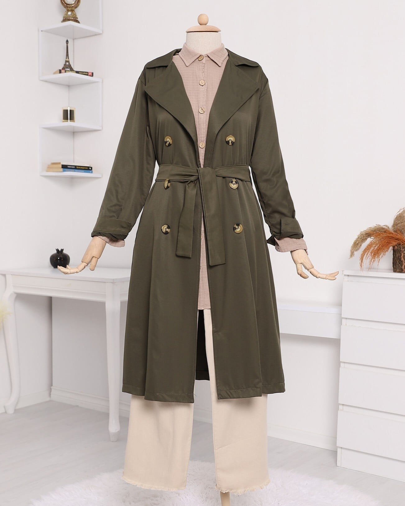 Double-Breasted Belted Long Trench Coat in Olive Green - Podyumplus - by Peralane - photo 3