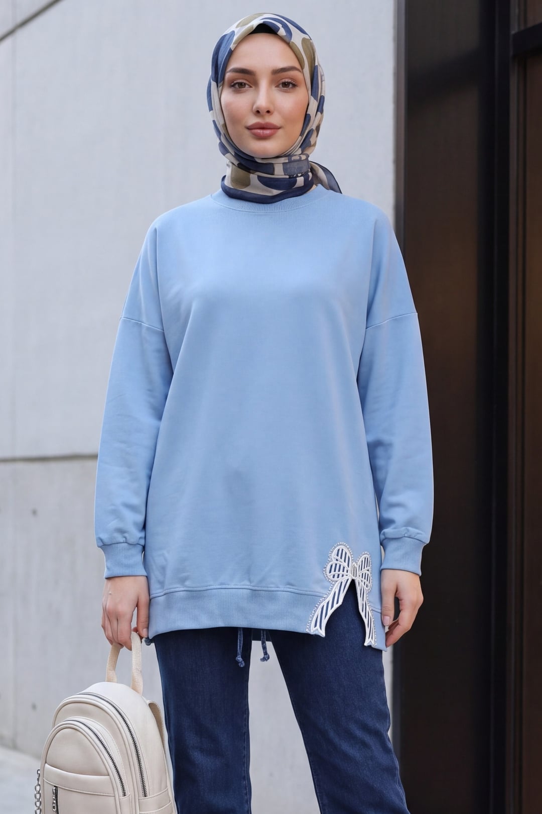 Round Neck with Bow Detail Relaxed Knit Tunic - Light Blue - Podyumplus - by Peralane