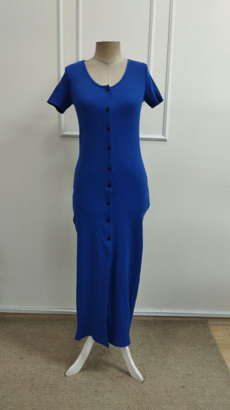 Women's Short-Sleeved V-Neck Button-Front Maxi Dress in Royal Blue - Janes - by Peralane - photo 5