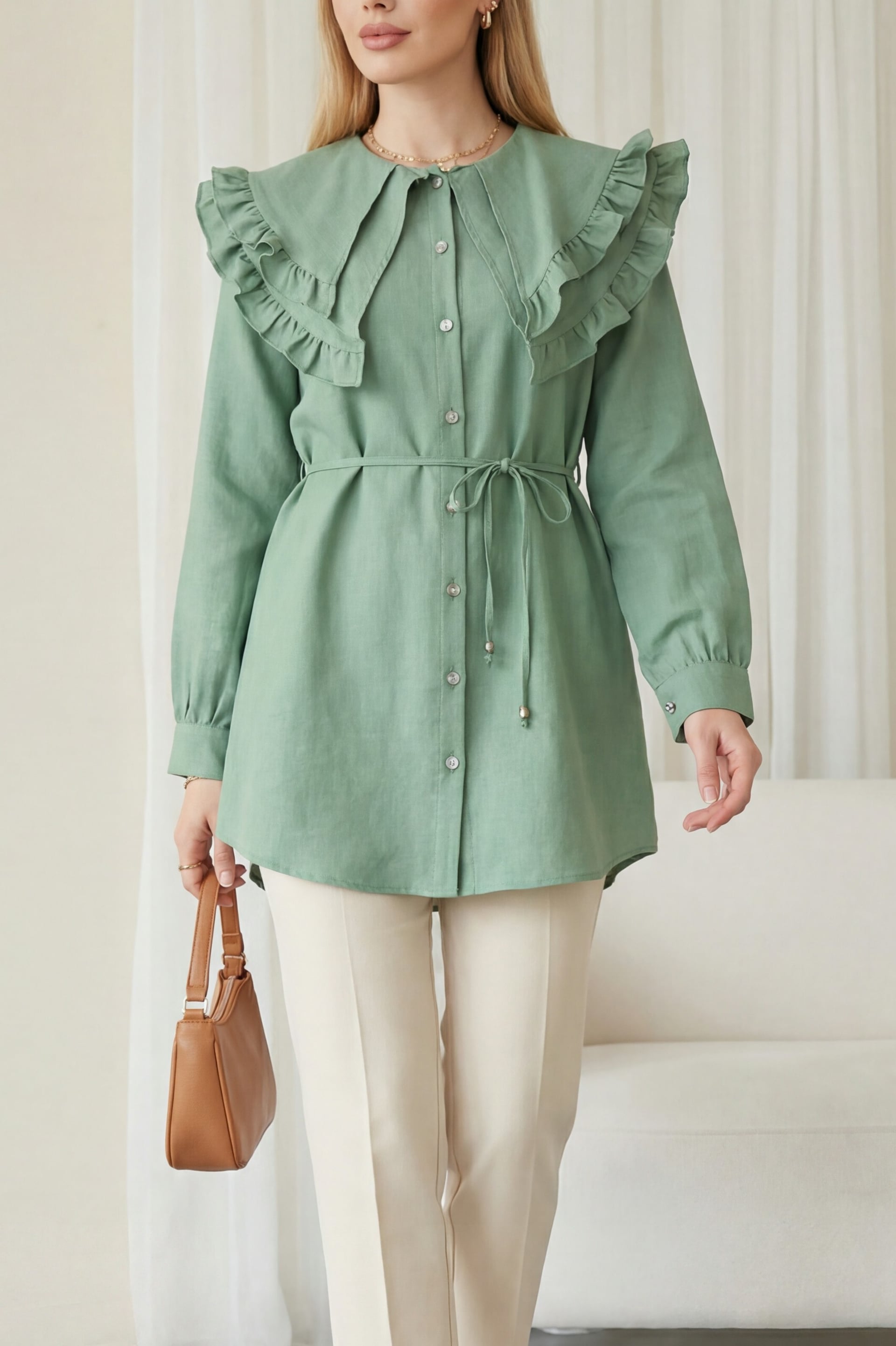 Mint Green Double-Layer Ruffled Collar Buttoned Tie-Waist Linen-Look Tunic - Podyumplus - by Peralane - photo 4