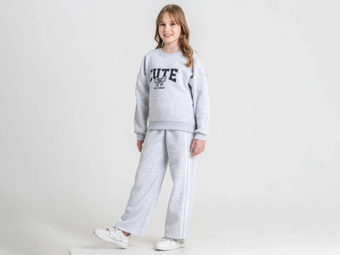 Grey Cute Printed Fleece Girls' Tracksuit Set - Pampal Kids - by Peralane