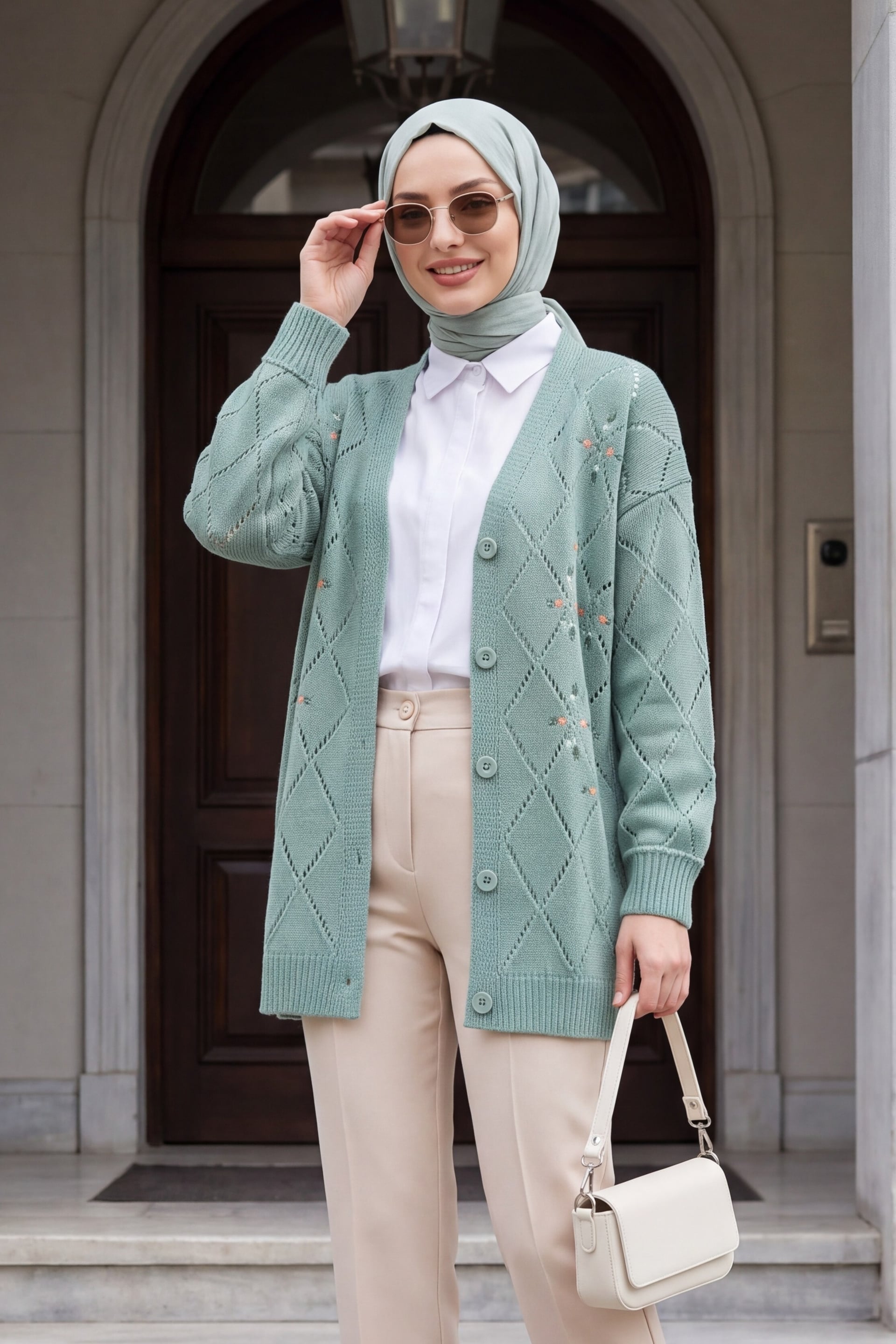 Mint Green Open-Knit Floral Embroidered Cardigan for Women - Podyumplus - by Peralane - photo 3