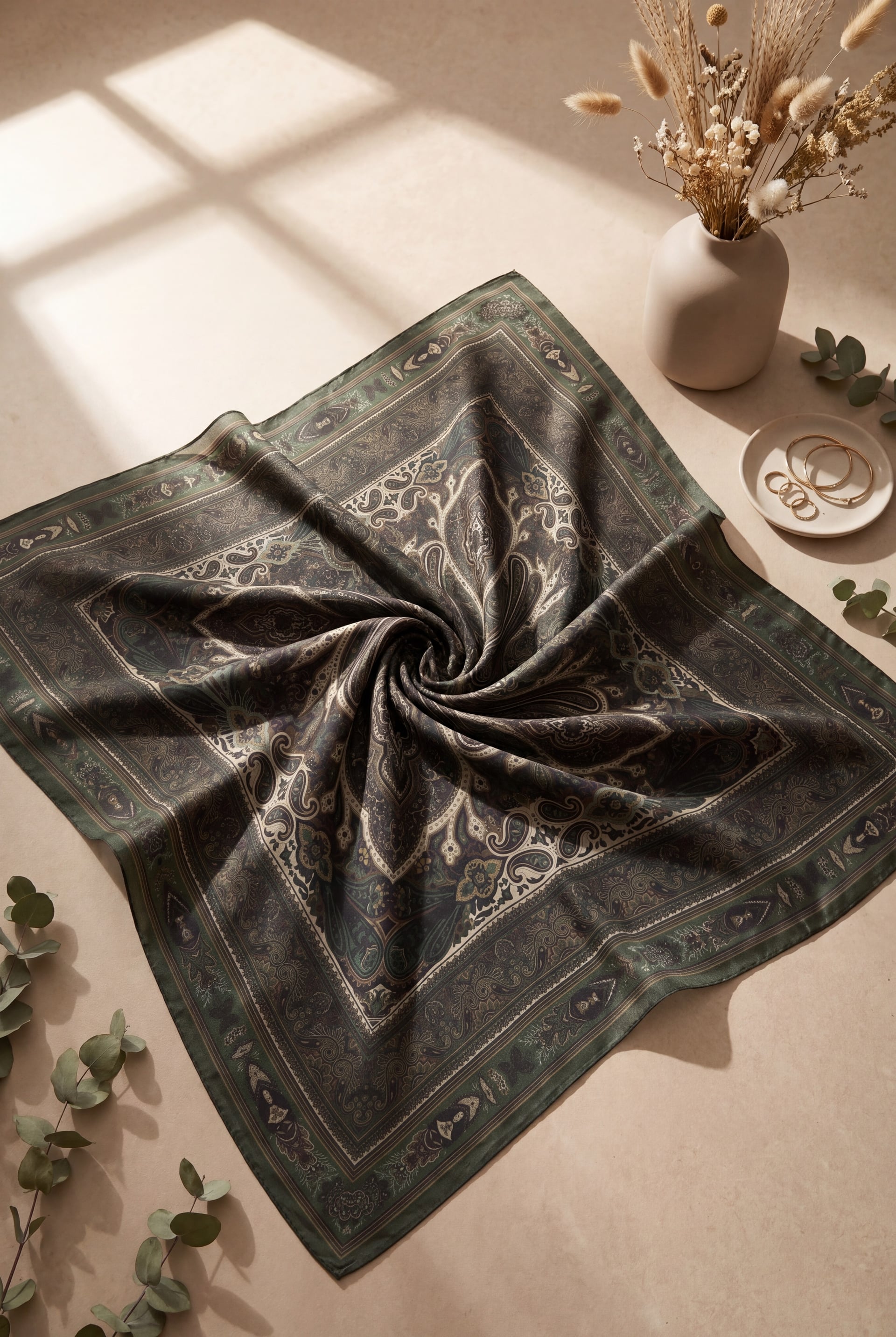 Framed Ethnic Print Cotton Scarf - Emerald Green - Podyumplus - by Peralane