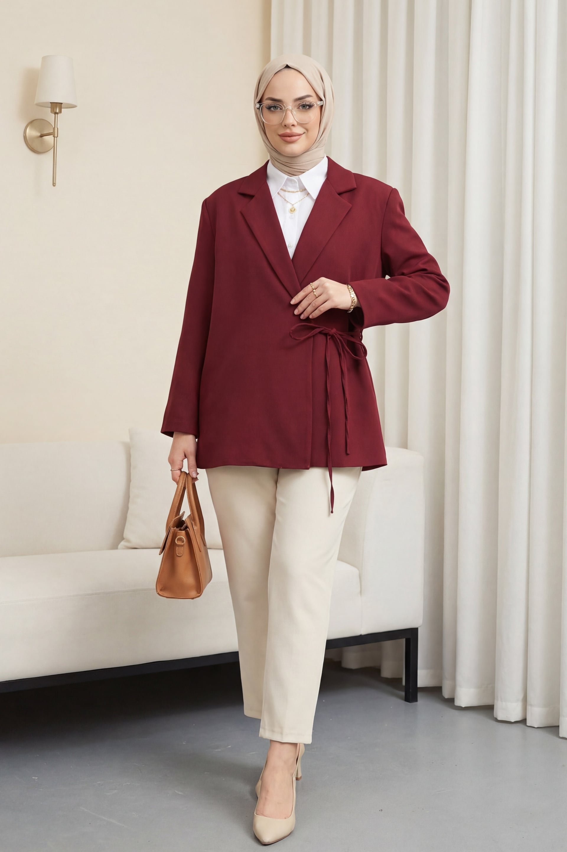 Side Lace-Up Back Slit Lined Double Crepe Blazer - Burgundy - Podyumplus - by Peralane - photo 5