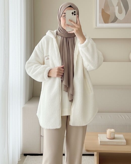 Hooded Zip-Up Lined Plush Coat - Ecru - Podyumplus - by Peralane - photo 3
