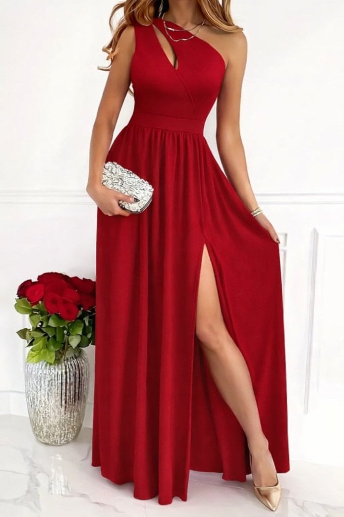 Women's One-Shoulder Asymmetric Maxi Dress with Side Slit, Red - Janes - by Peralane - photo 3