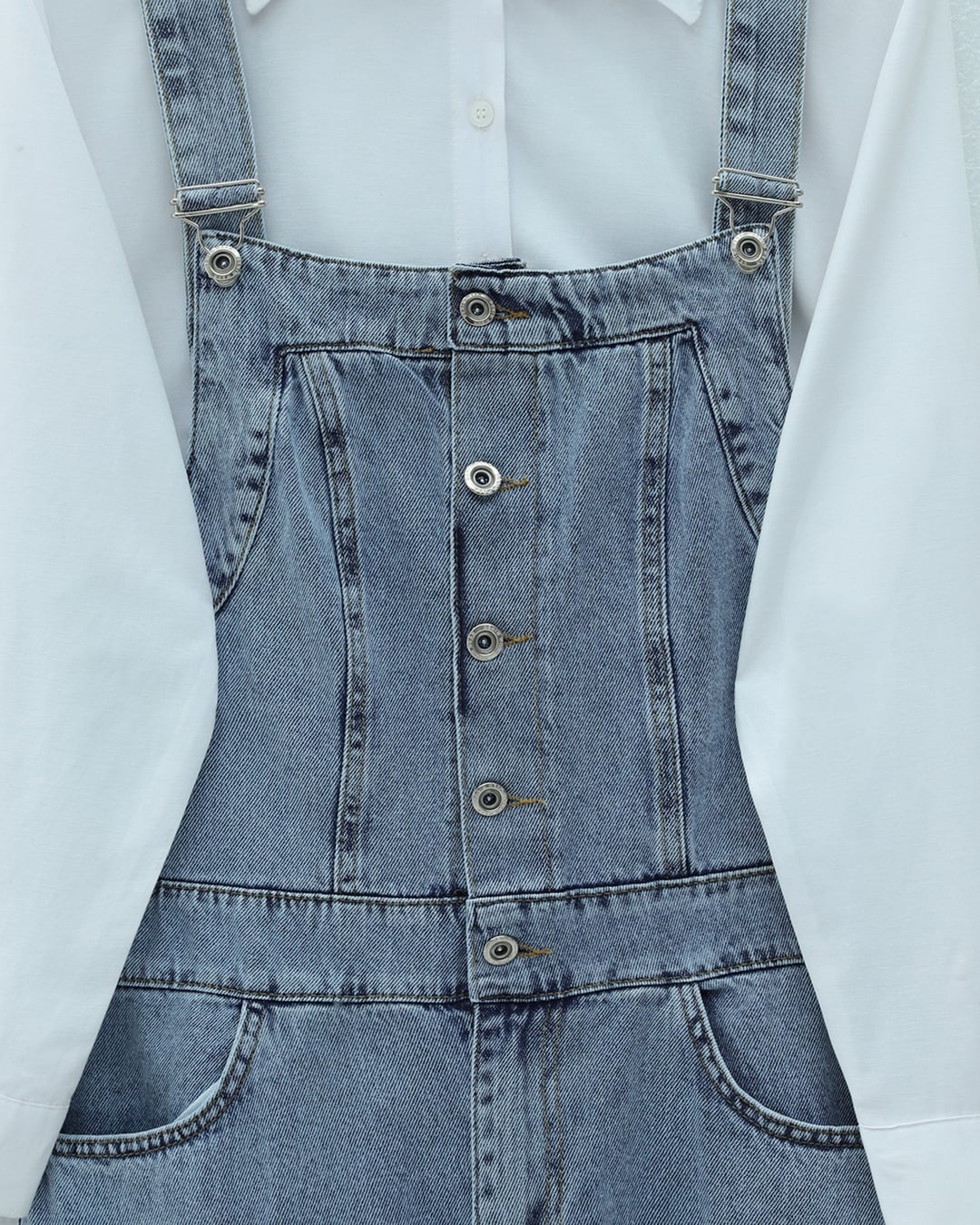 Half Button Pocket Denim Pinafore Dress - Ice Blue - Podyumplus - by Peralane - photo 4
