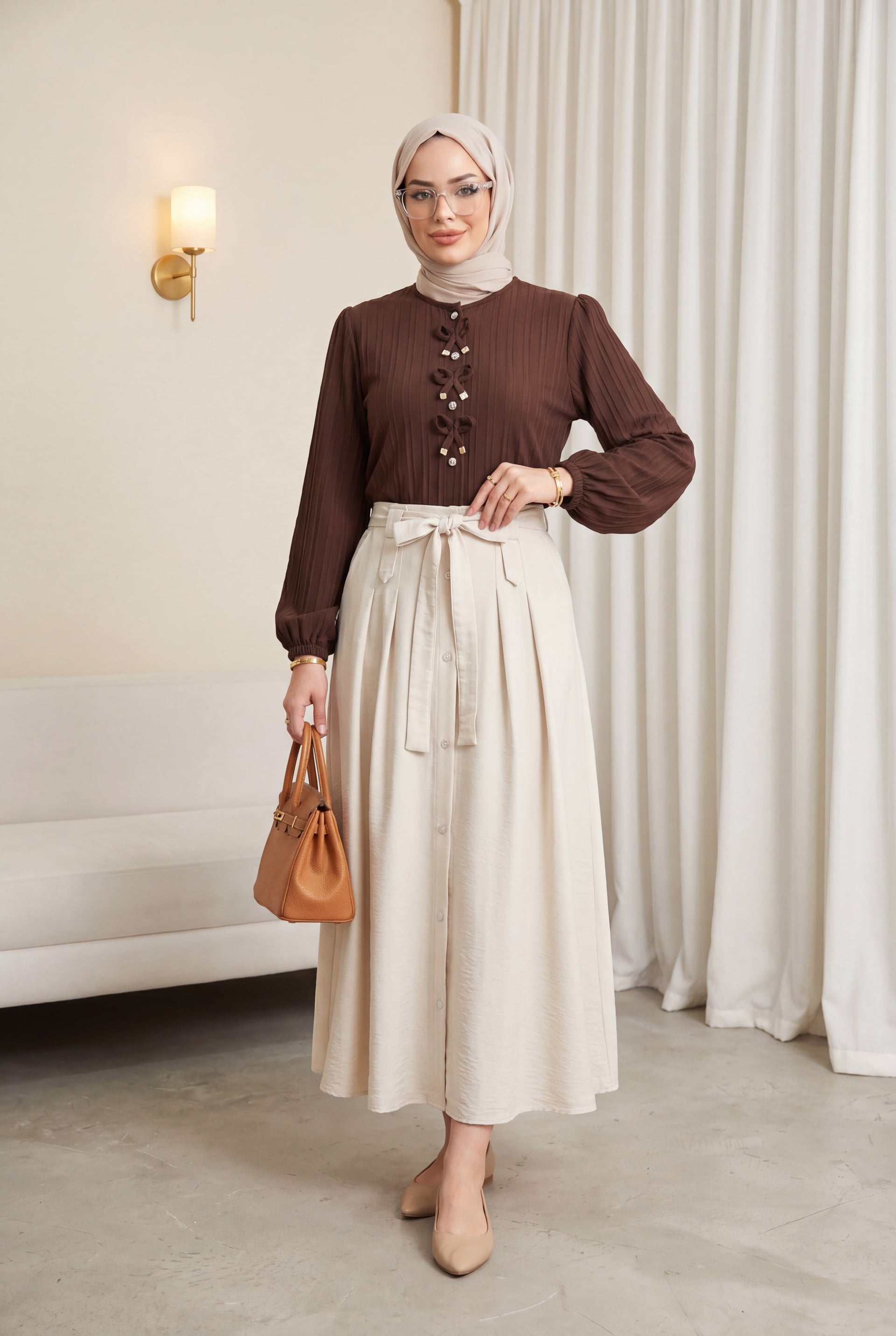 Dark Brown Bow Detail Buttoned Blouse with Ribbed Knit - Podyumplus - by Peralane - photo 5