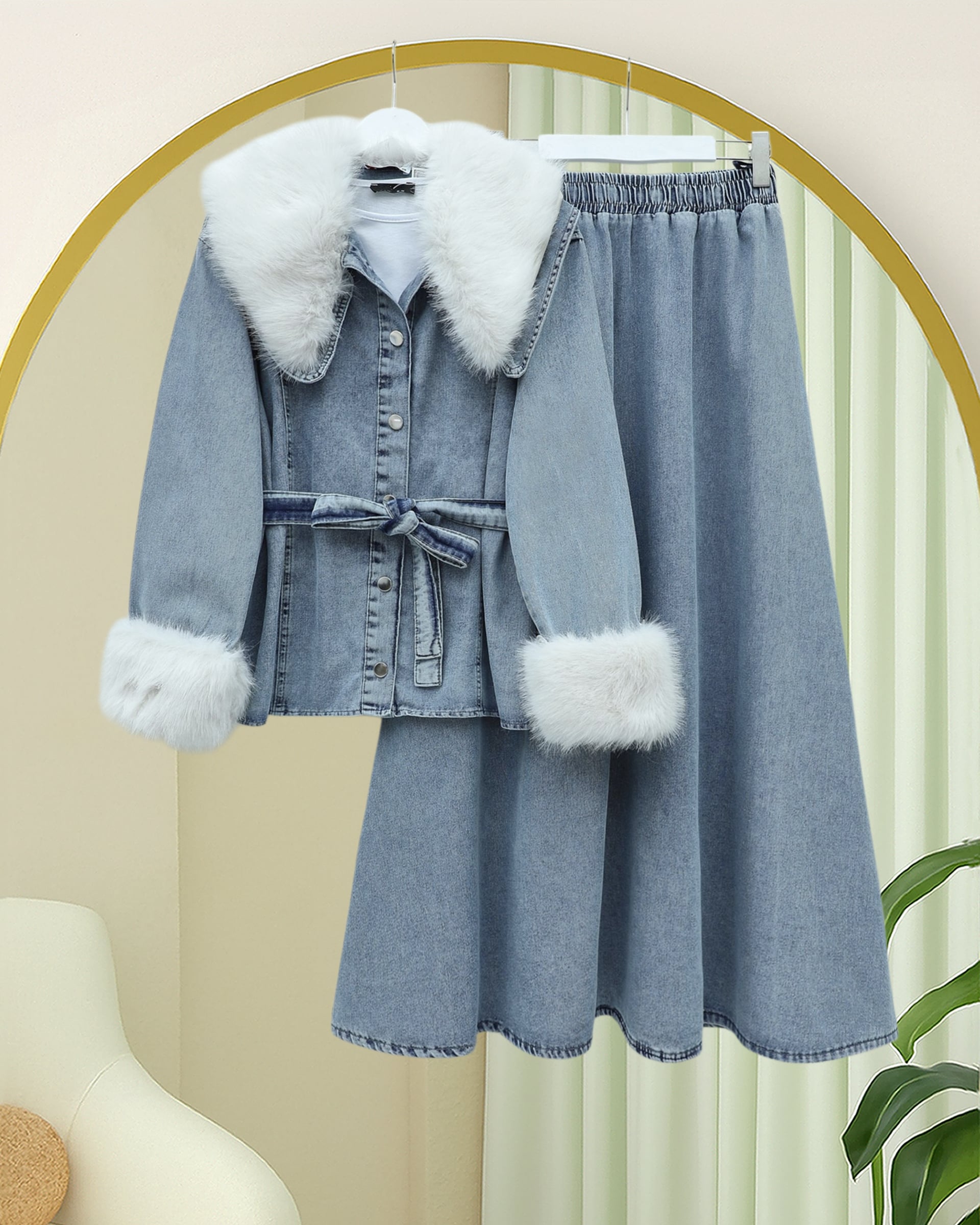 Women's Baby Collar Denim Suit with Faux Fur Collar and Cuffs, Belted Waist - Ice Blue - Podyumplus - by Peralane - photo 5