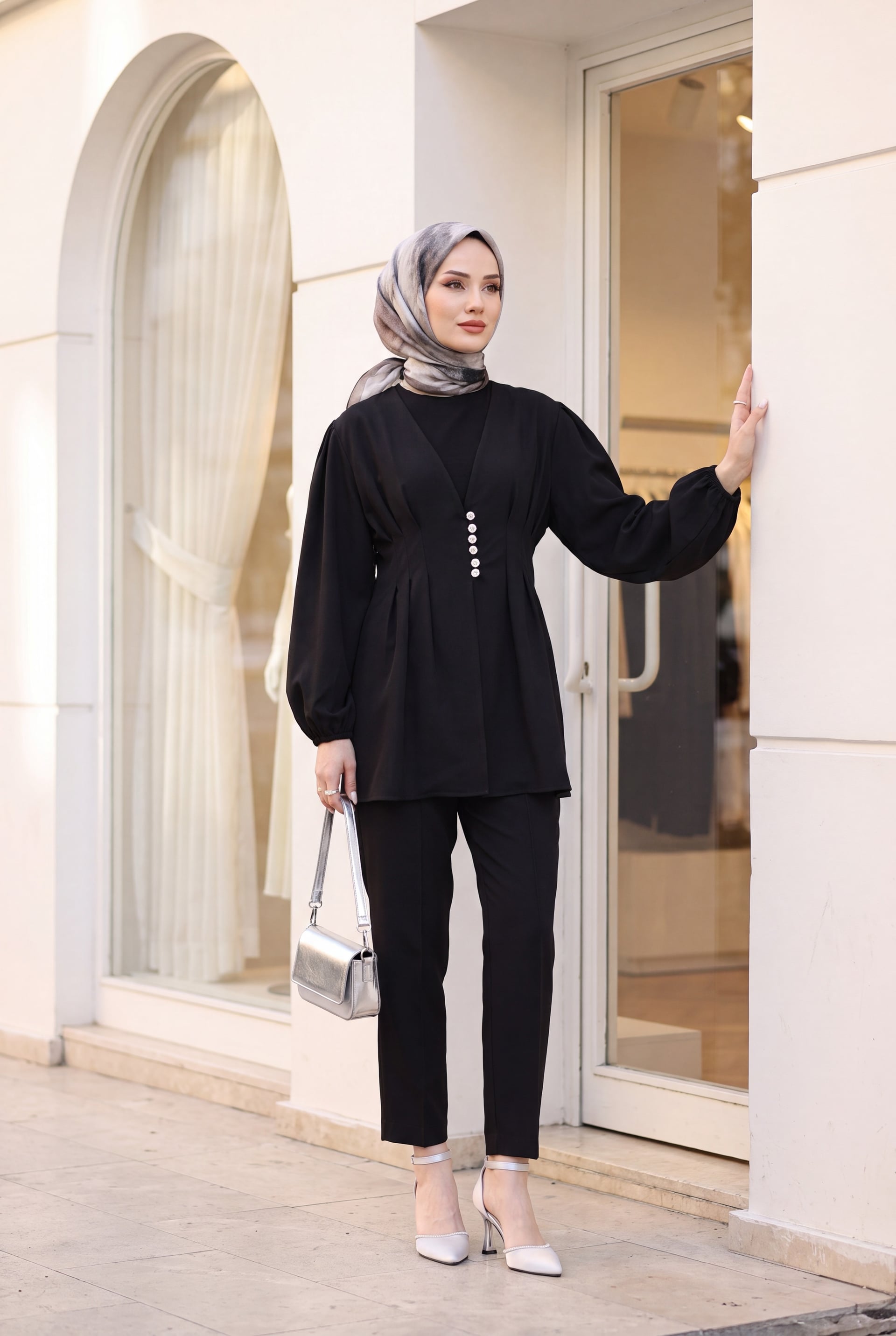 Stone Button Elastic Cuff Double Trousers Set - Black - Podyumplus - by Peralane - photo 4