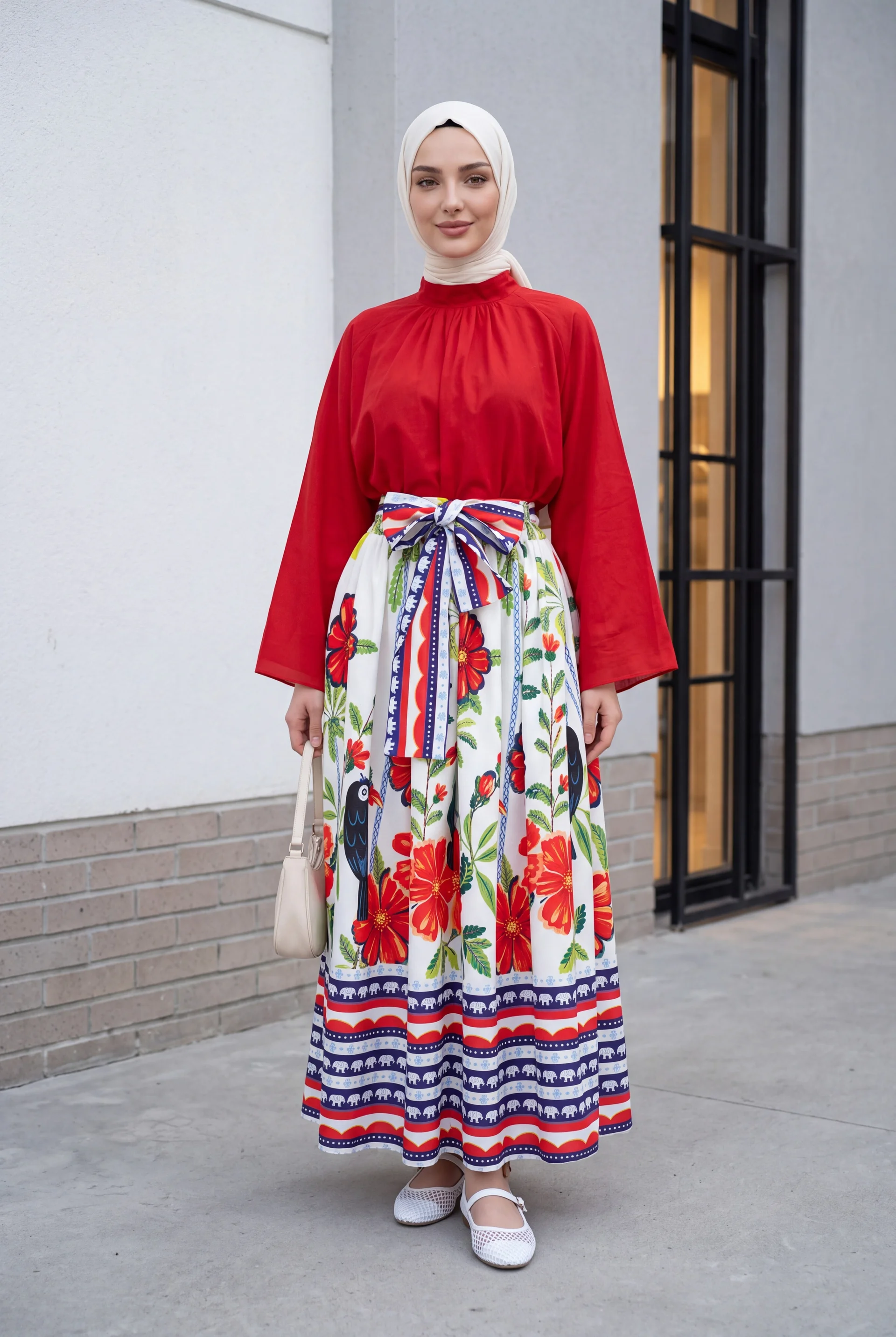 Elastic Waist Belted Tropical Print Skirt - White - Podyumplus - by Peralane - photo 9