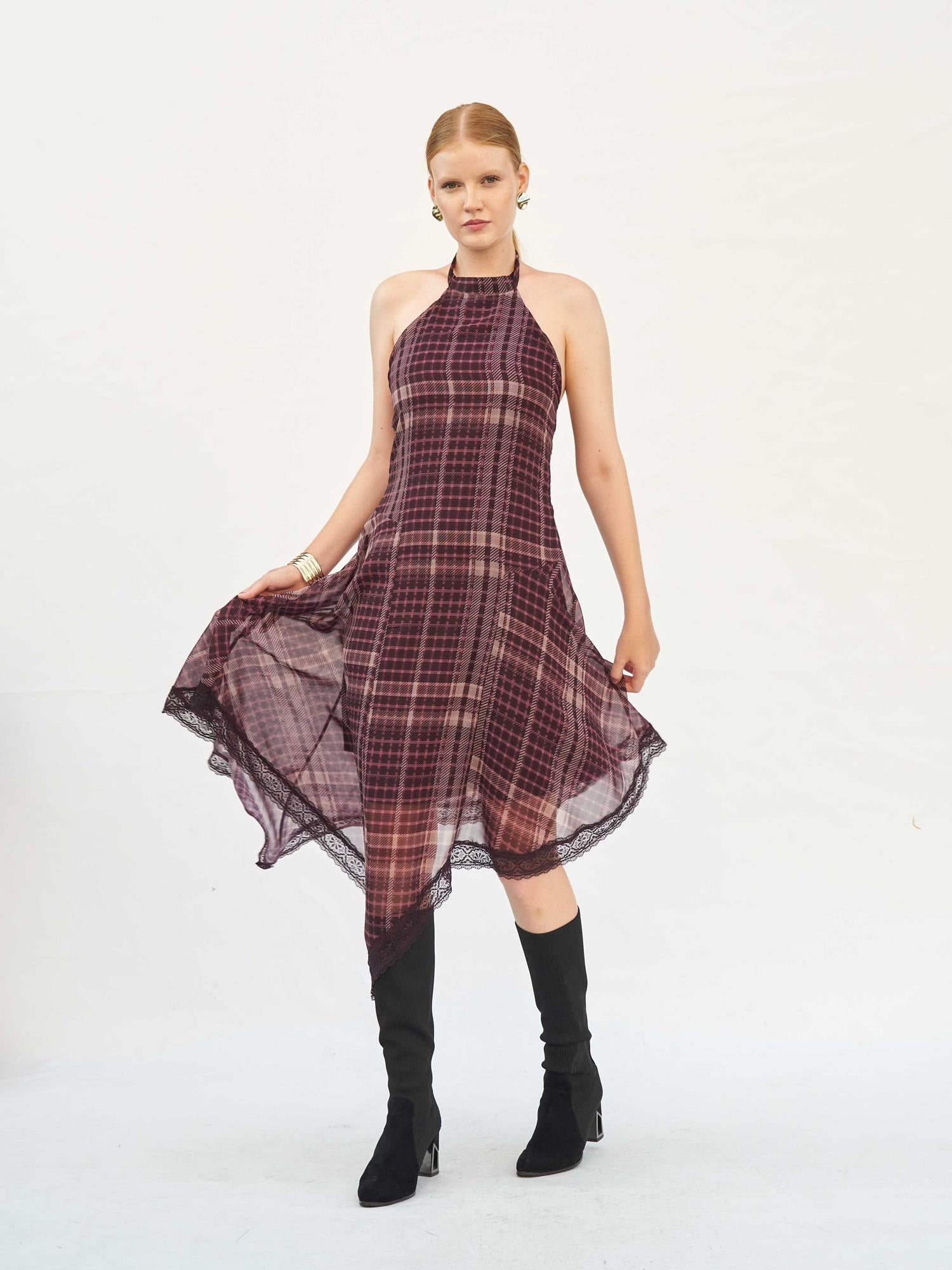 111808 Burgundy and Beige Plaid Maxi Dress with Lace Trim - Lefon - by Peralane - photo 4