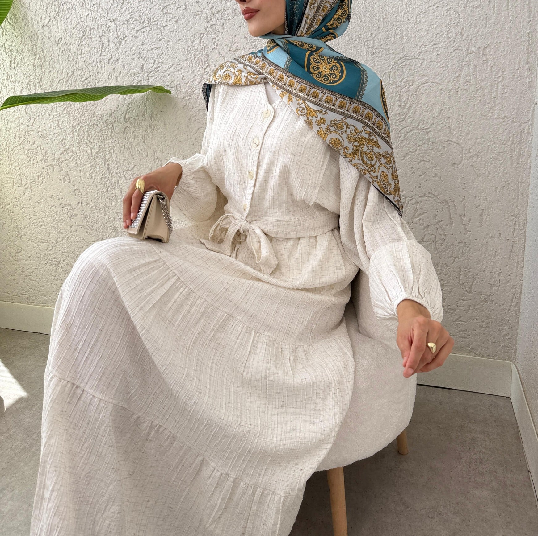 Beige Tie-Waist Blouse and Skirt Co-ord Set with Linen Look - Podyumplus - by Peralane - photo 8