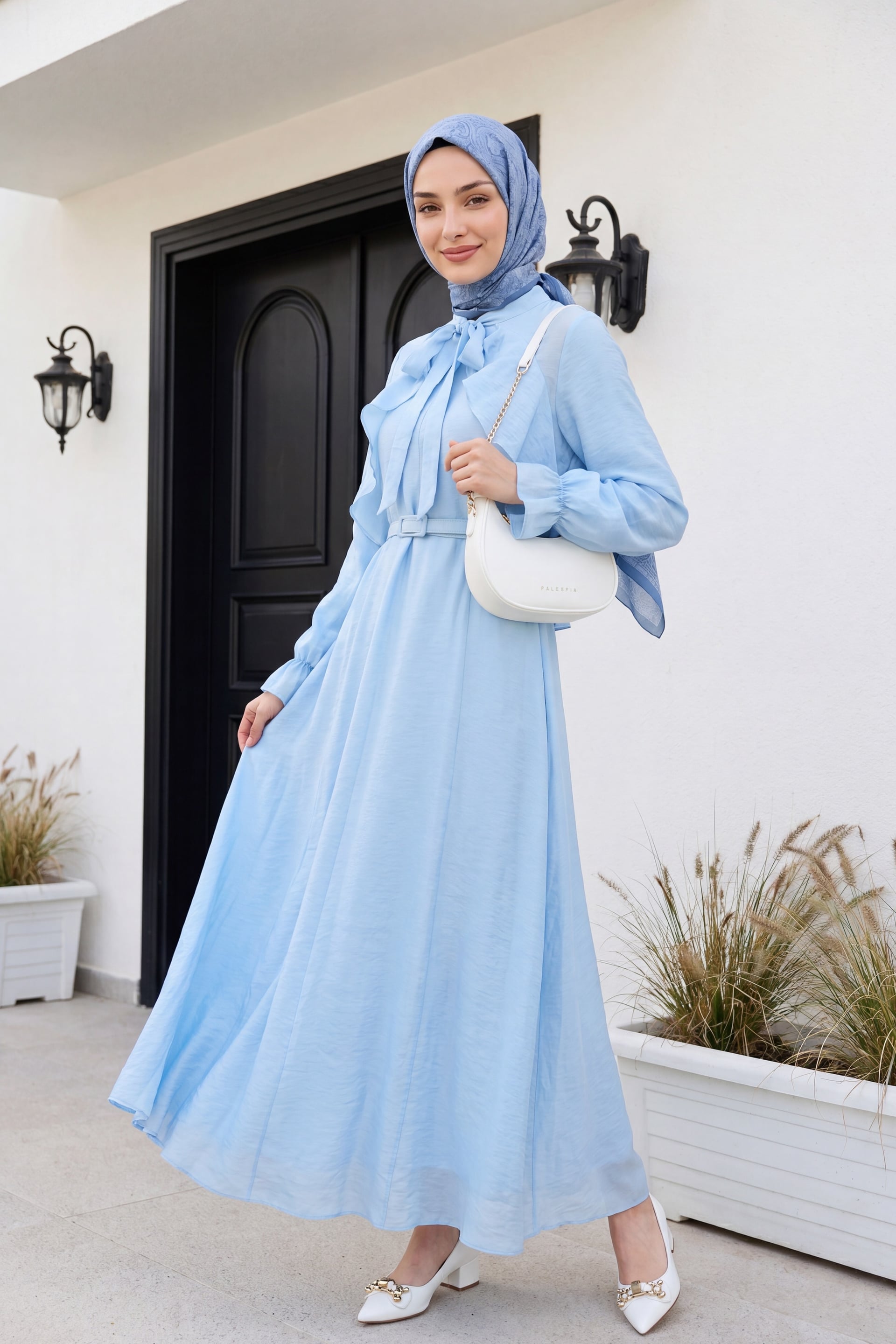Women's Light Blue Tie-Neck Maxi Dress with Removable Bolero and Belt - Podyumplus - by Peralane - photo 5
