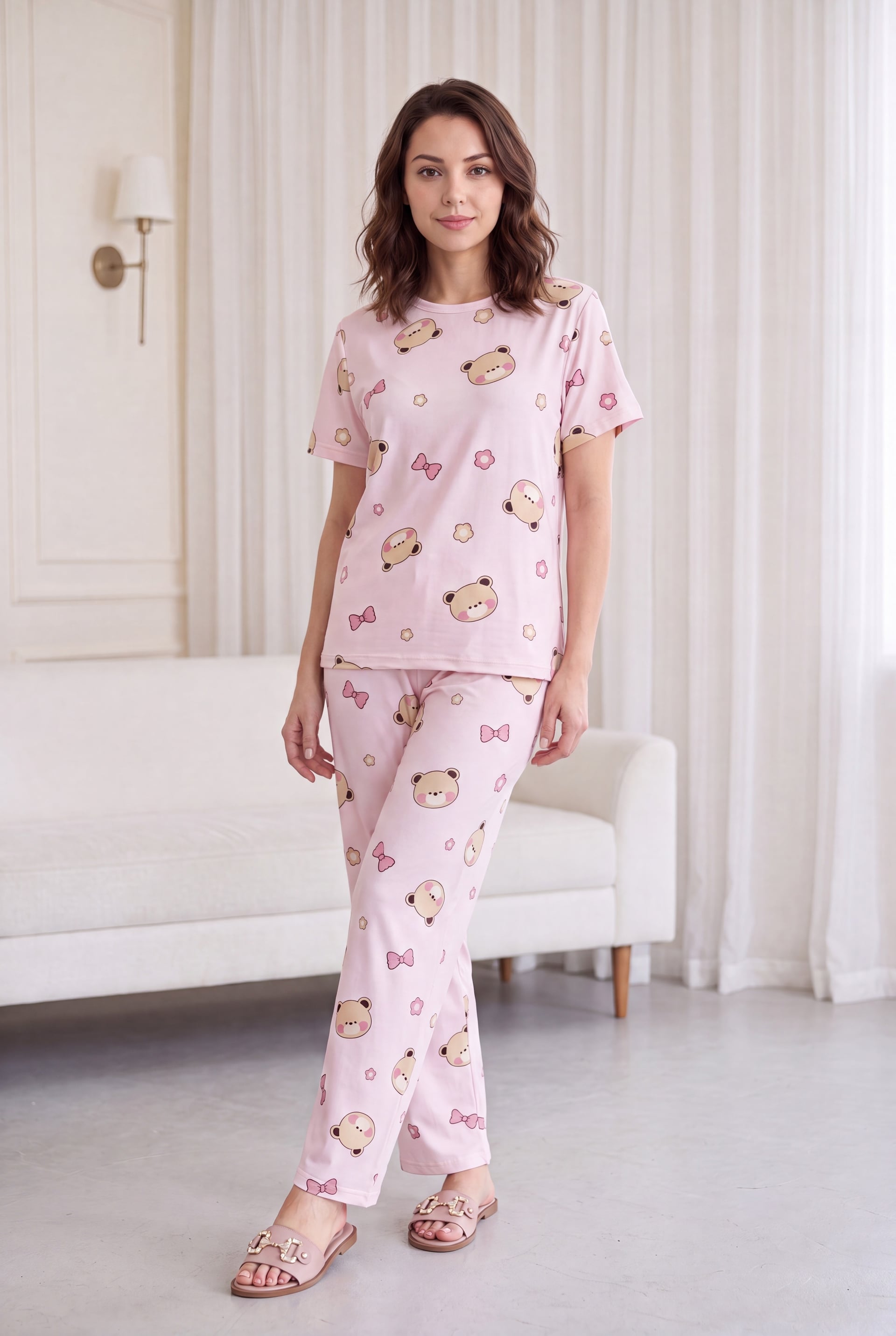 Mixed Print Crew Neck Short Sleeve Terry Pajama Set - Powder Pink - Podyumplus - by Peralane - photo 3