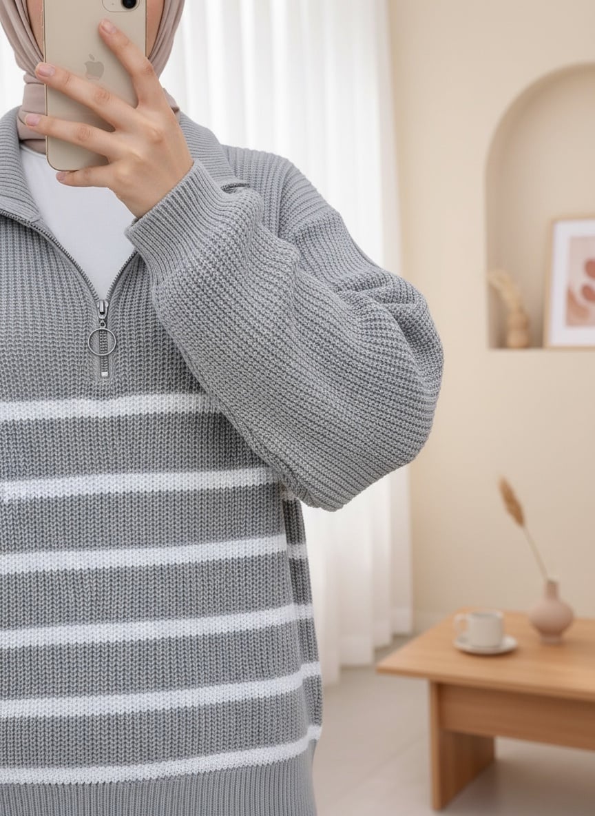 Half-Zip Striped Knit Sweatshirt - Grey - Podyumplus - by Peralane