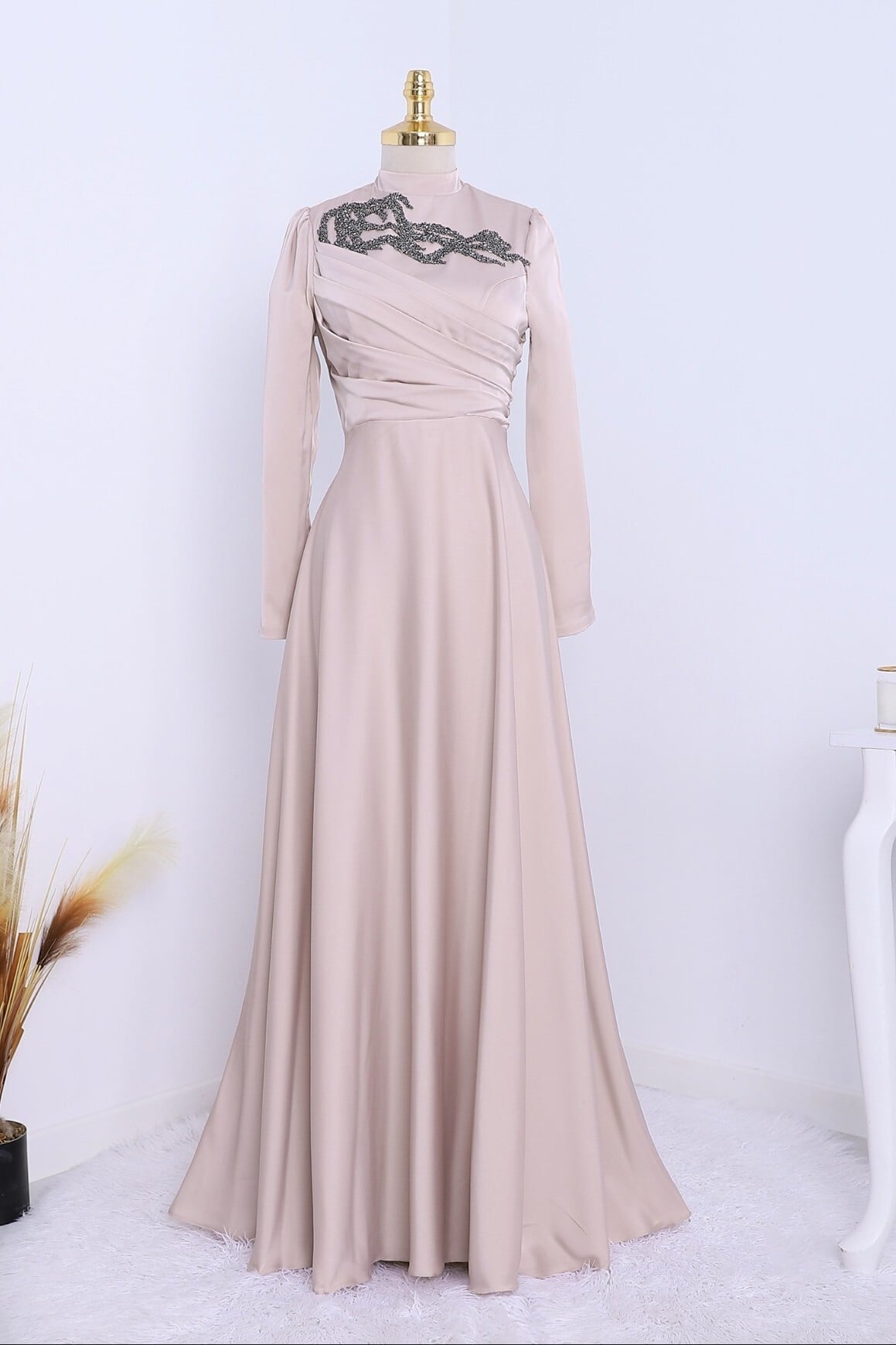 Beaded Draped Satin Evening Dress in Powder - Podyumplus - by Peralane - photo 2