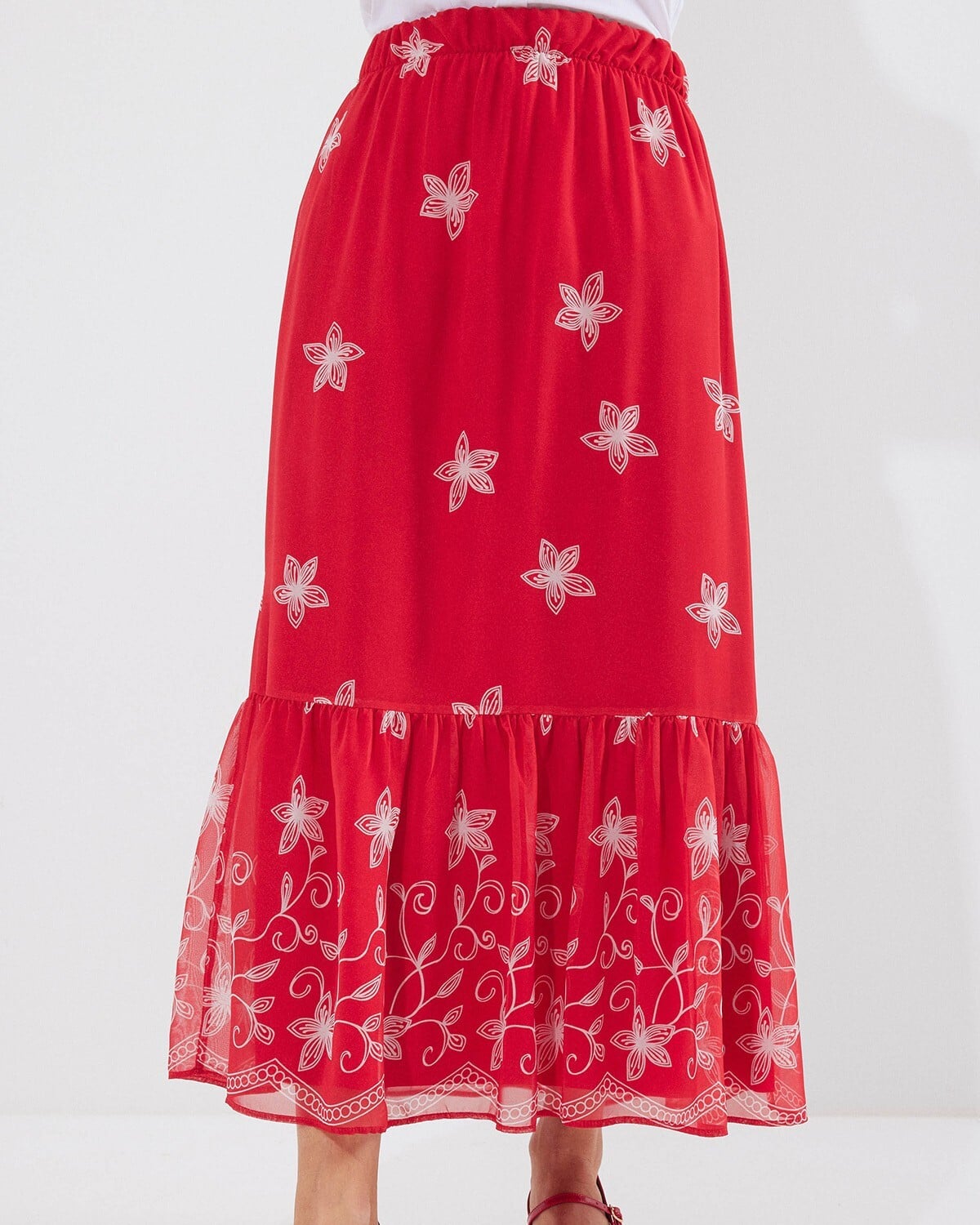 Red Floral Chiffon Skirt with Ruffled Hem - Bigdart - by Peralane - photo 3