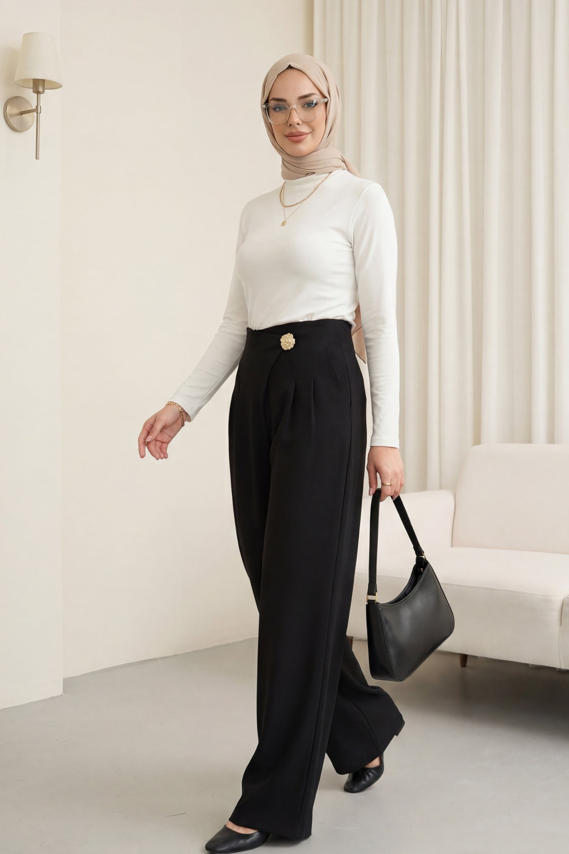 Side Zip Wide Leg Crepe Trousers with Bow Detail - Black - Podyumplus - by Peralane - photo 3