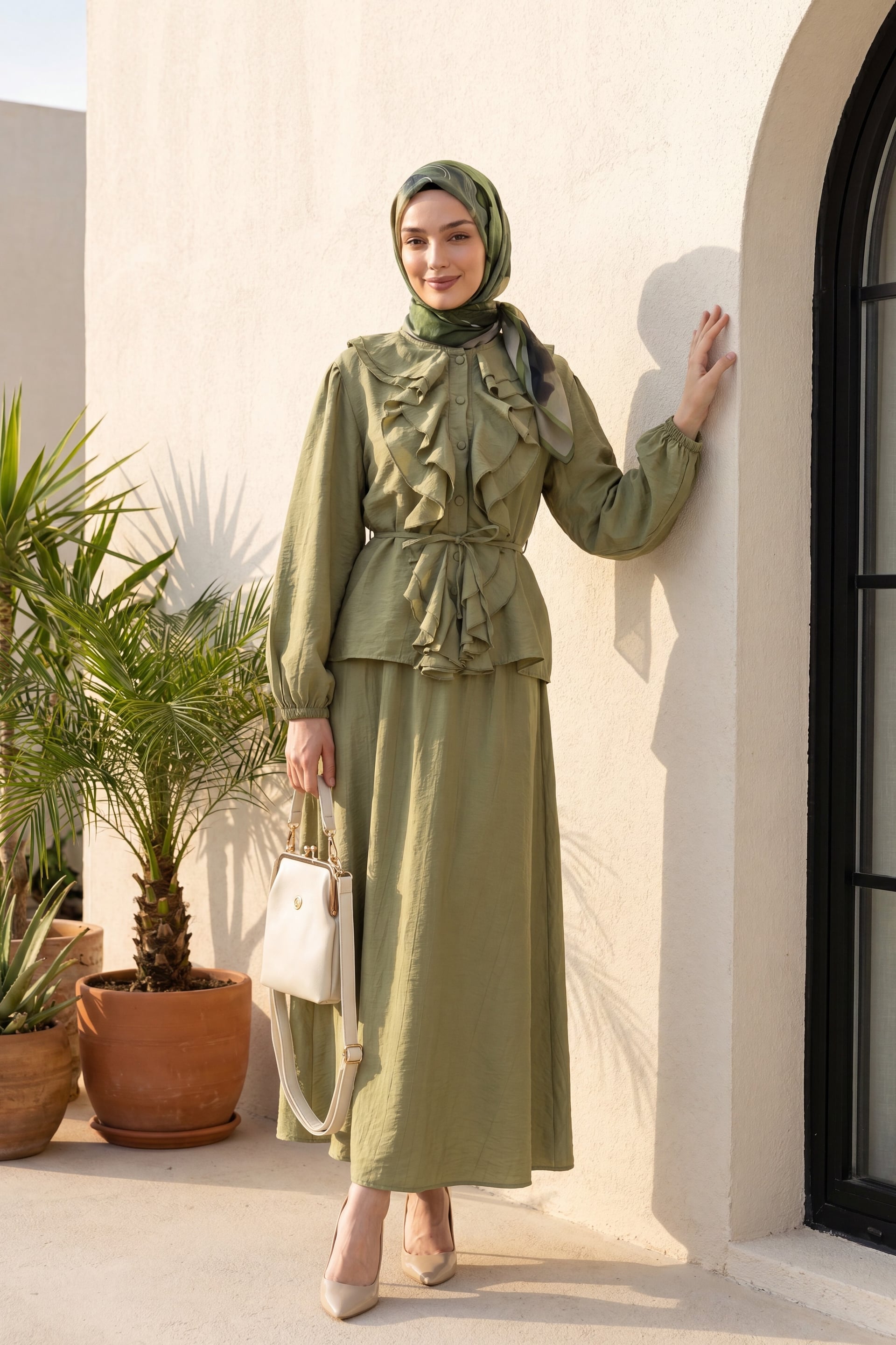 Ruffled Front Long Sleeve Tie Waist Blouse and A-Line Skirt Modest Set - Olive Green - Podyumplus - by Peralane - photo 3