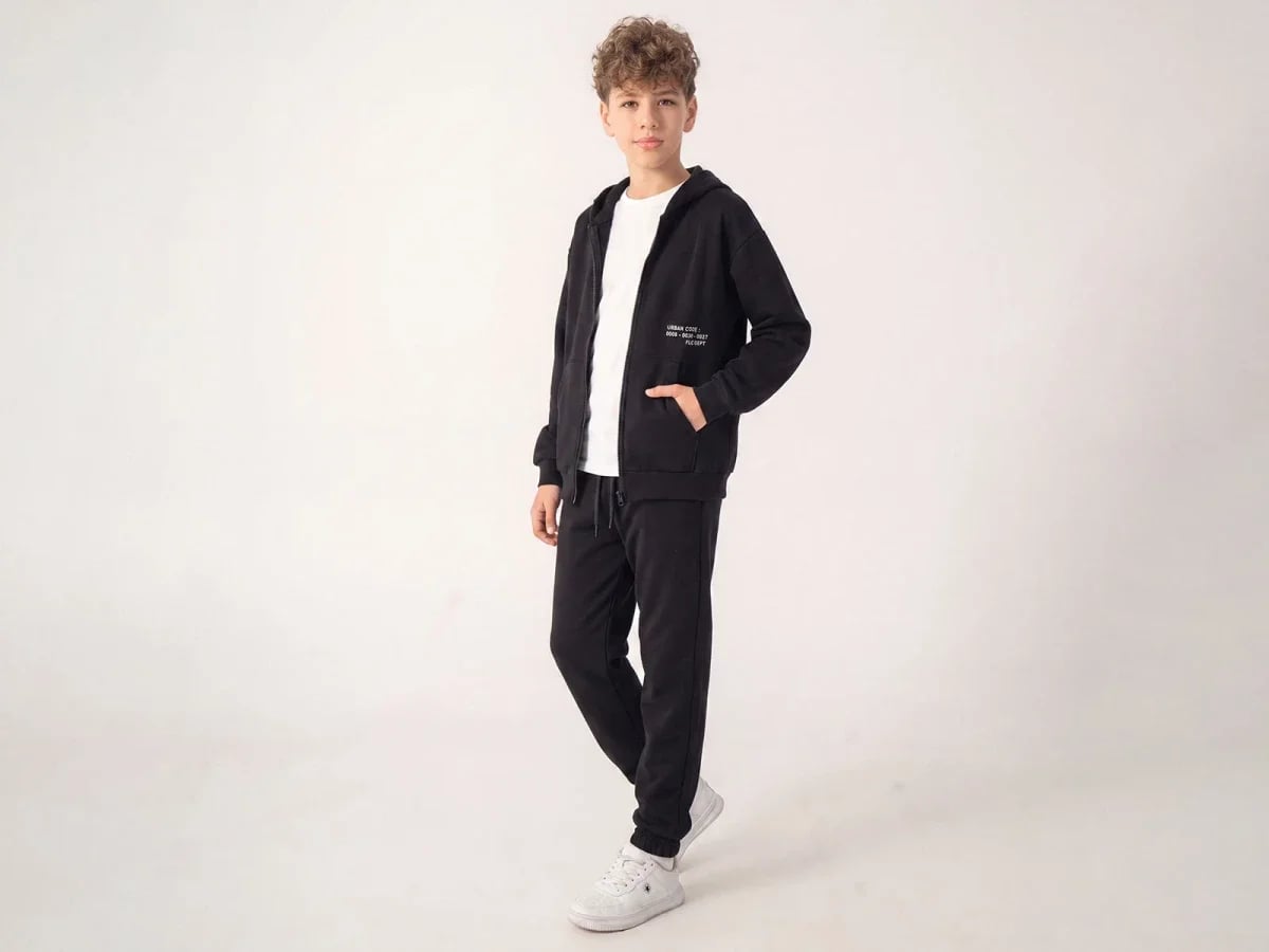Boys' Hooded Zip-Up Tracksuit Set with Graphic Print - Black - Ruhat Kids - by Peralane