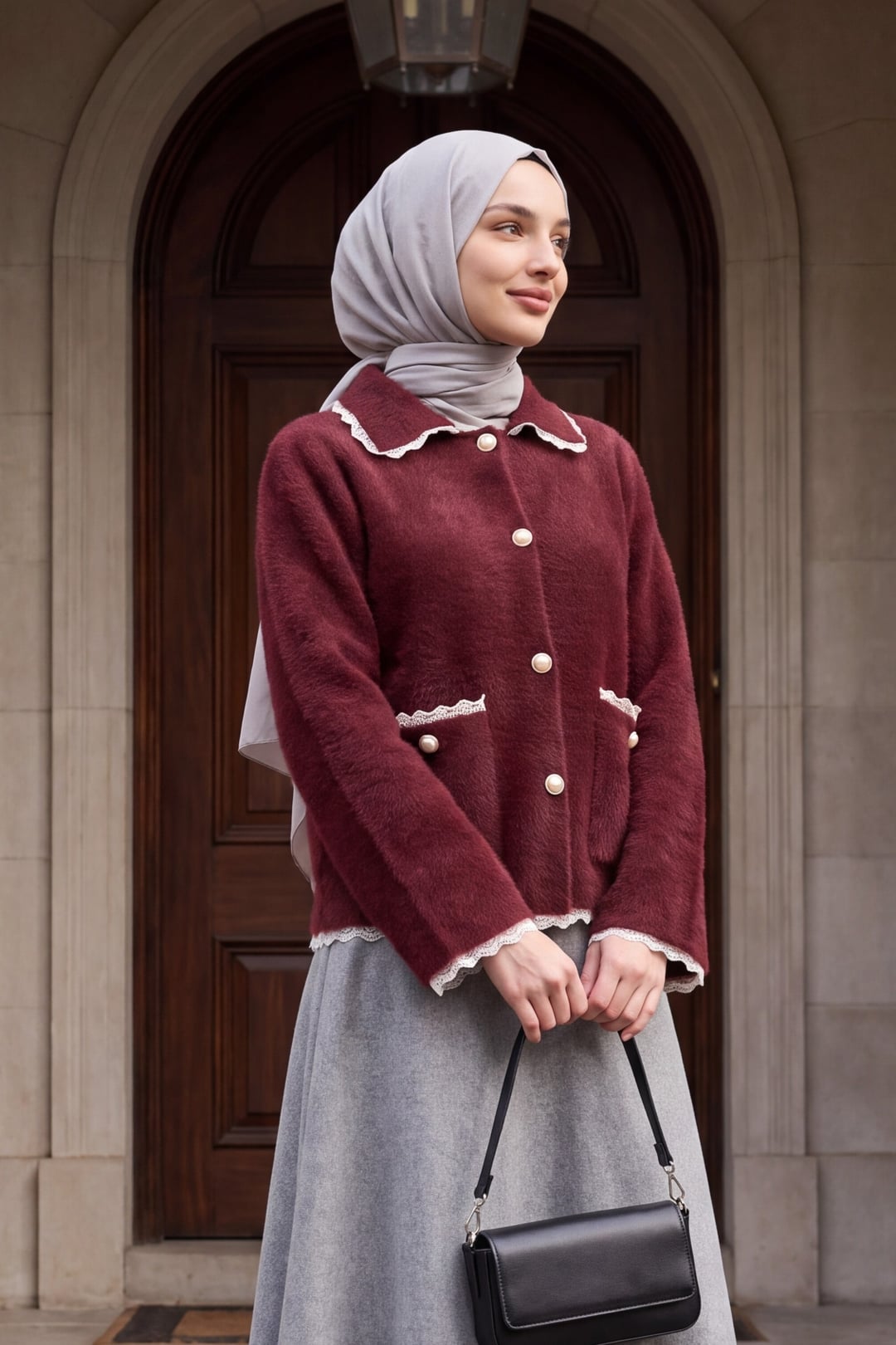 Burgundy Lace Trim Pearl Button Cardigan - Podyumplus - by Peralane - photo 2