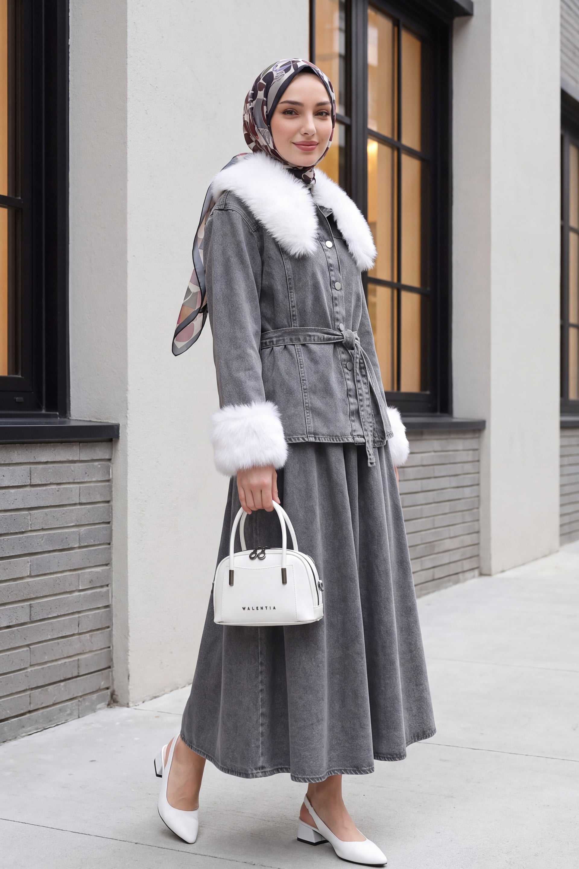 Belted Baby Collar Denim Two-Piece Set with Faux Fur Trim - Smoke Grey - Podyumplus - by Peralane - photo 3