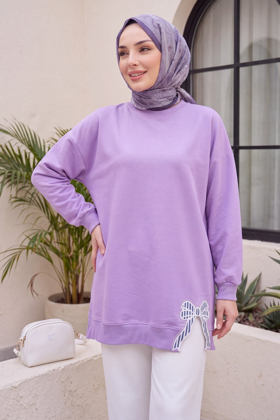 Lavender Round Neck Jersey Tunic with Bow Detail - Podyumplus - by Peralane - photo 2