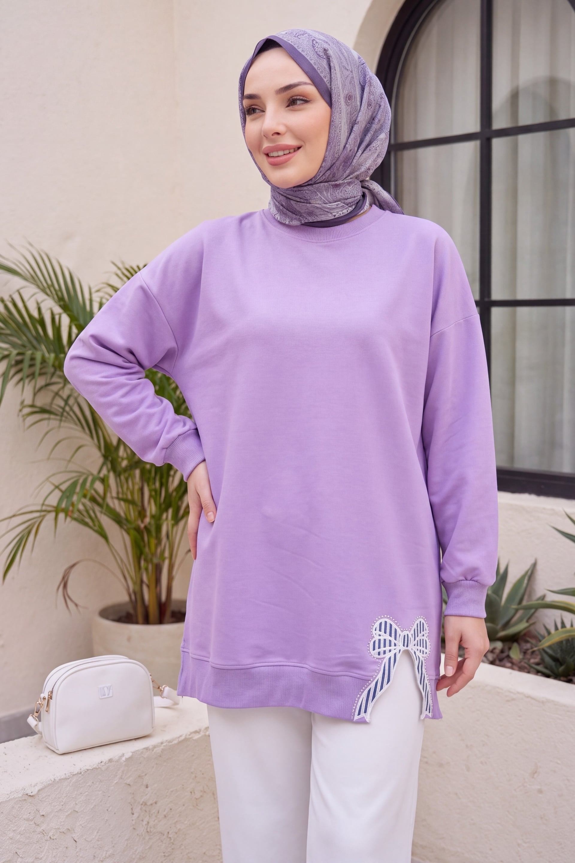 Lavender Round Neck Jersey Tunic with Bow Detail - Podyumplus - by Peralane - photo 2