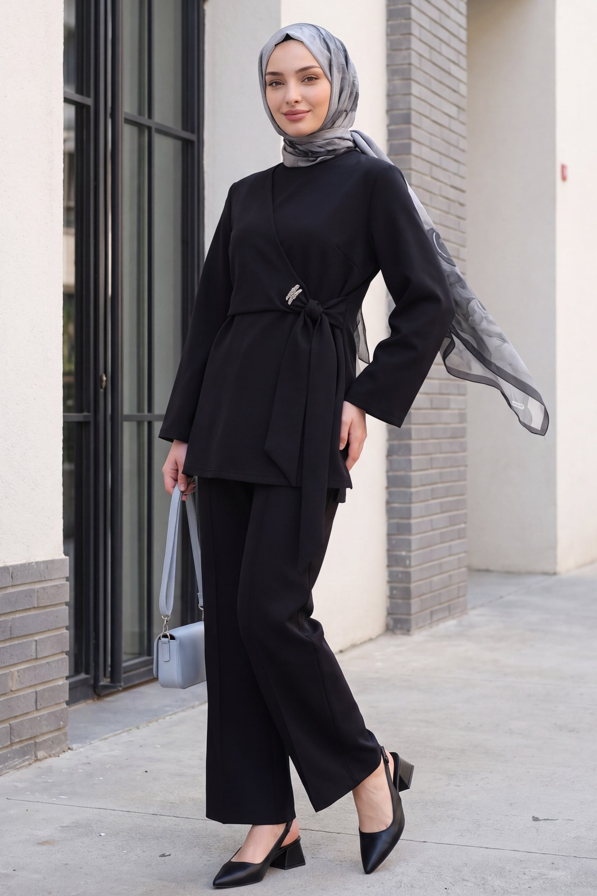 Black Scuba Wrap-Front Top and Wide-Leg Trousers Set - Podyumplus - by Peralane - photo 2