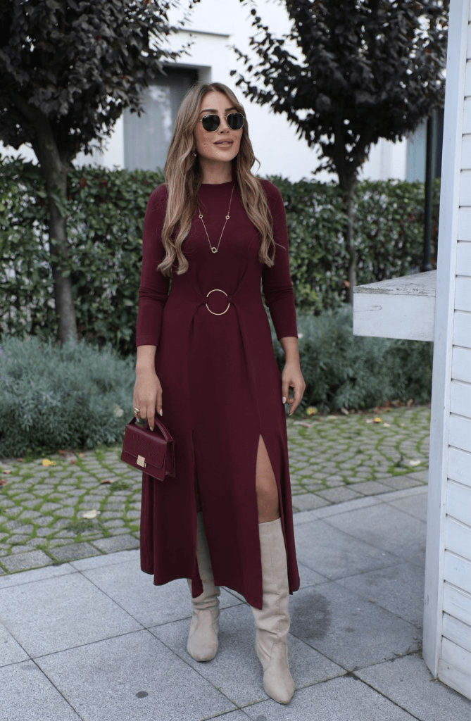 Women's Long-Sleeved Crew Neck Dress with Front Ring Detail and Side Slits - Janes - by Peralane