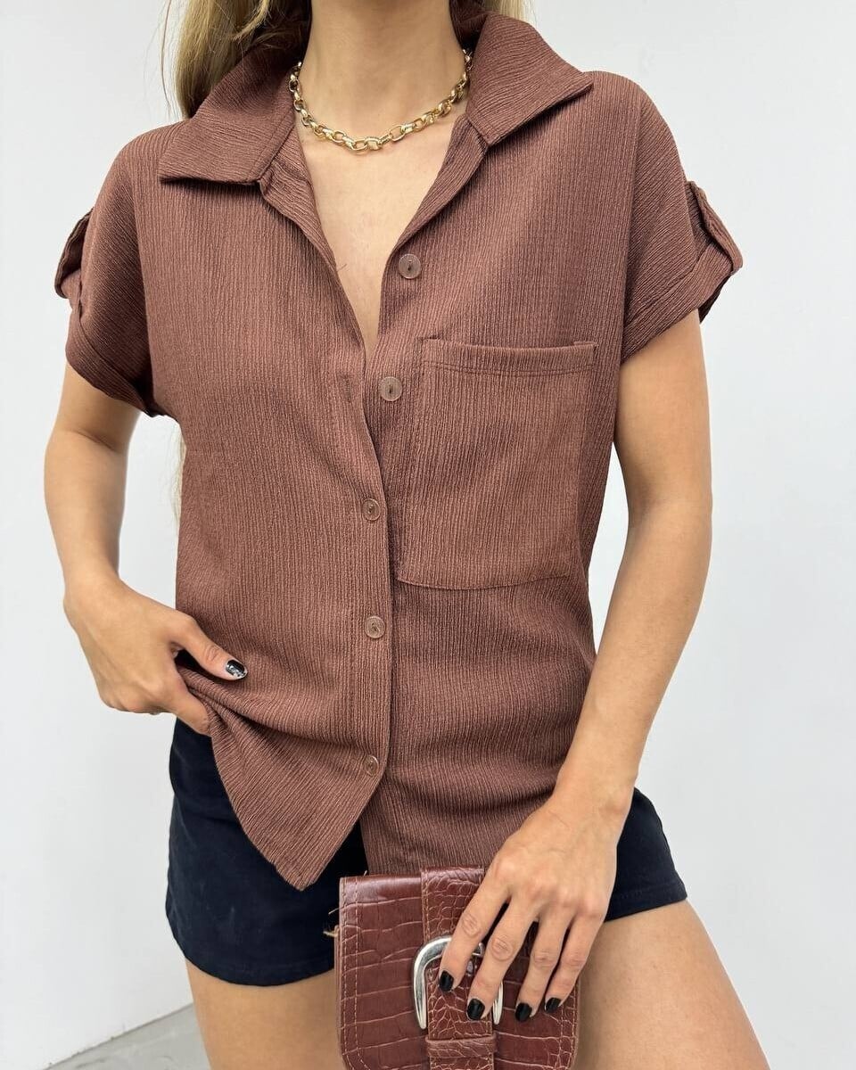 Women's Brown Ribbed Short-Sleeve Shirt with Chest Pocket - Podyumplus - by Peralane - photo 5
